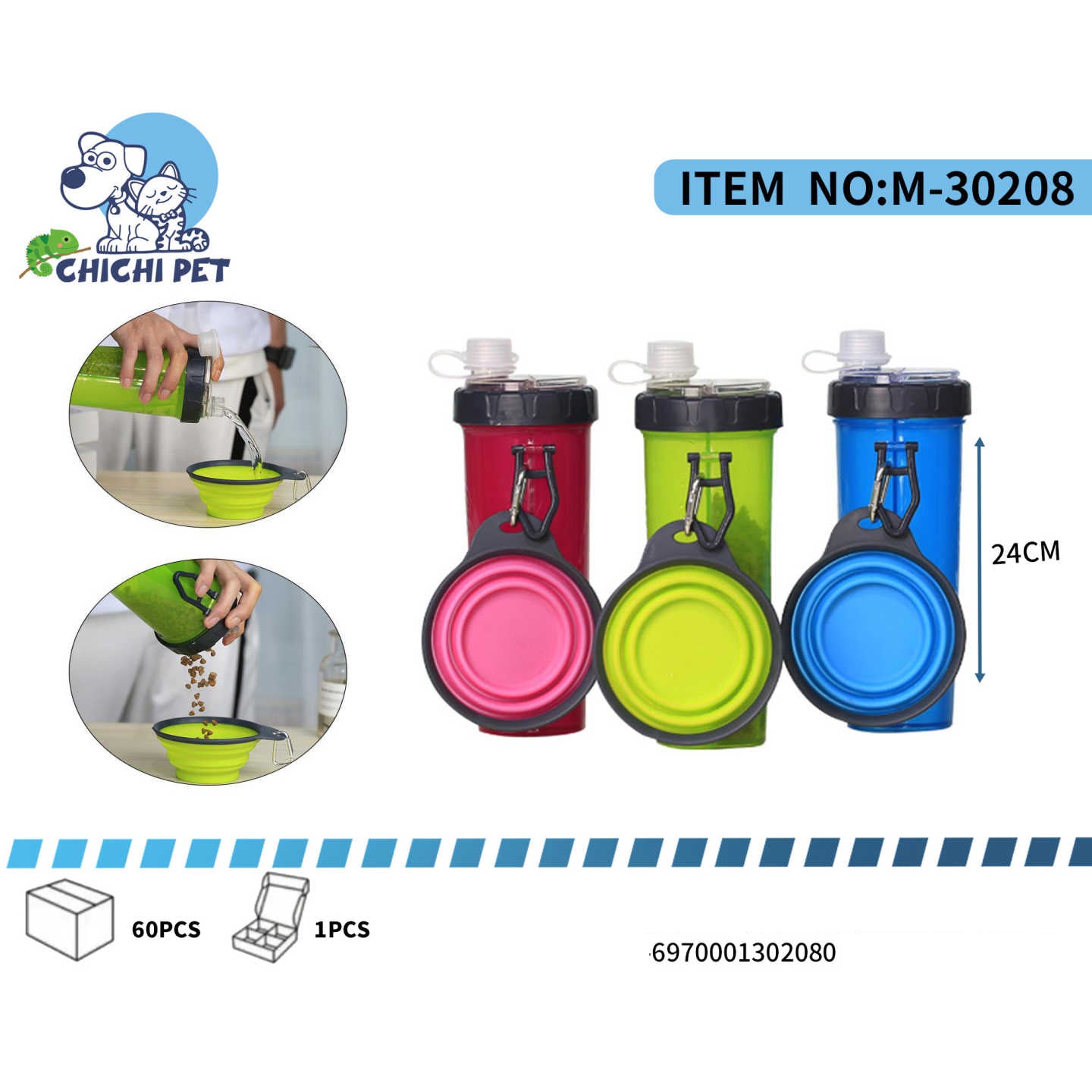 Mantén a tu mascota hidratada y alimentada en cualquier lugar con la botella portátil Chichi Pet M-30208. Este práctico dispensador multifuncional combina un recipiente para agua, un compartimento para alimento seco y un tazón plegable de silicona, todo en uno, ideal para paseos, viajes y excursiones.