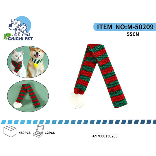 Celebra la temporada festiva con tu mascota con la bufanda navideña tejida Chichi Pet M-50209. Con sus vibrantes rayas rojas y verdes, y una suave borla blanca, esta bufanda es el accesorio perfecto para que tu perro o gato se una al espíritu navideño y luzca adorable en todas las celebraciones.