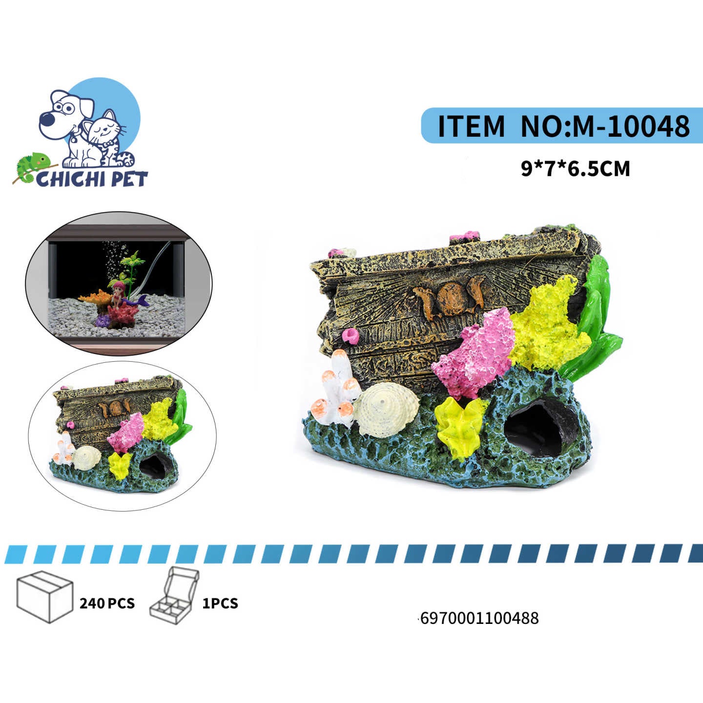 Añade un toque de misterio y aventura a tu acuario con el adorno de cofre hundido y coral ChiChi Pet, modelo M-10048. Este detallado accesorio simula un antiguo cofre del tesoro parcialmente enterrado, adornado con coloridos corales en tonos rosas, amarillos y blancos, además de algas verdes.
Fabricado con resina duradera y no tóxica, este adorno es completamente seguro para el entorno acuático y sus habitantes. No alterará la calidad del agua y es resistente a la decoloración, manteniendo su apariencia vib