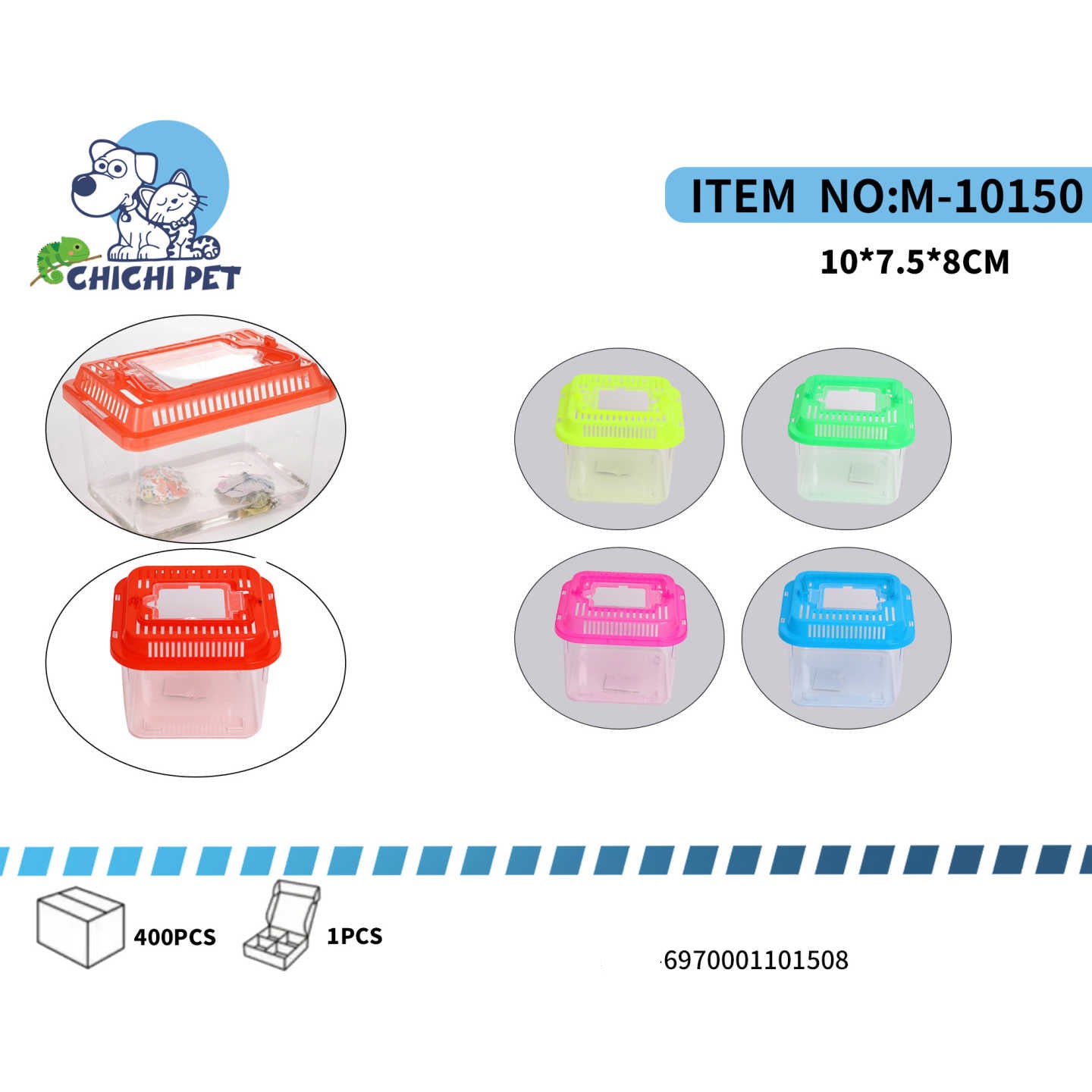 El contenedor CHICHI PET M-10150 es ideal para mantener pequeños reptiles, tortugas, peces u otros animales en un espacio seguro y práctico. Fabricado en plástico resistente y fácil de limpiar, cuenta con tapa ventilada que permite una buena circulación de aire y una tapa superior abatible para alimentar o manipular fácilmente a las mascotas.