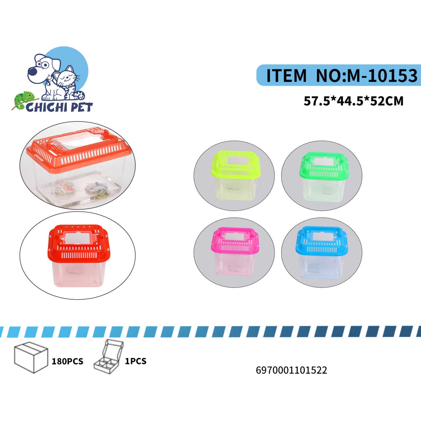 El contenedor CHICHI PET M-10153 es una excelente opción para mantener reptiles, tortugas o peces en un ambiente seguro, cómodo y fácil de limpiar. Su diseño resistente incluye una tapa ventilada que garantiza una buena circulación de aire y una abertura superior que facilita la alimentación y el manejo de las mascotas.