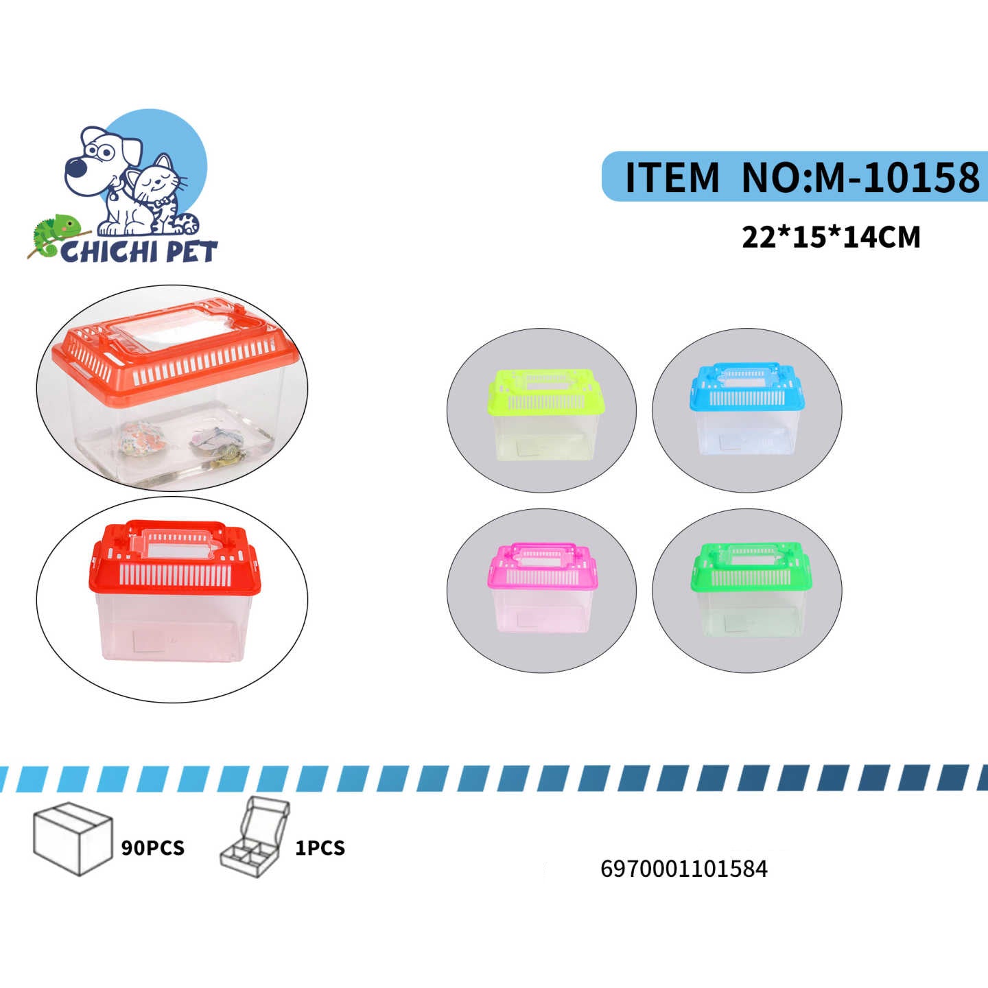 El contenedor CHICHI PET M-10158 ofrece una solución práctica y segura para mantener pequeñas mascotas como tortugas, peces o reptiles. Fabricado en plástico transparente de alta calidad, permite observar fácilmente a los animales, mientras que su tapa ventilada asegura una correcta circulación de aire.