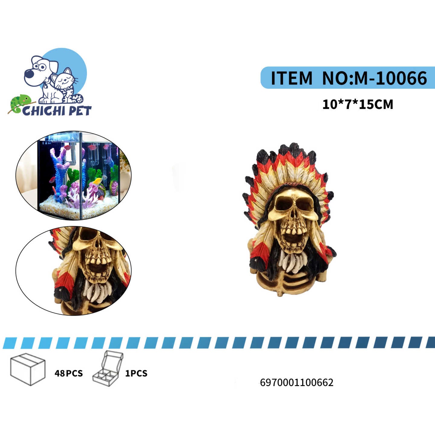 Dale a tu acuario o terrario un toque místico y tribal con el adorno de cráneo de jefe tribal ChiChi Pet, modelo M-10066. Este impresionante accesorio presenta una detallada réplica de un cráneo humano, adornado con un tocado de plumas rojas, negras y amarillas, junto con dientes y huesos, evocando una poderosa figura ancestral.