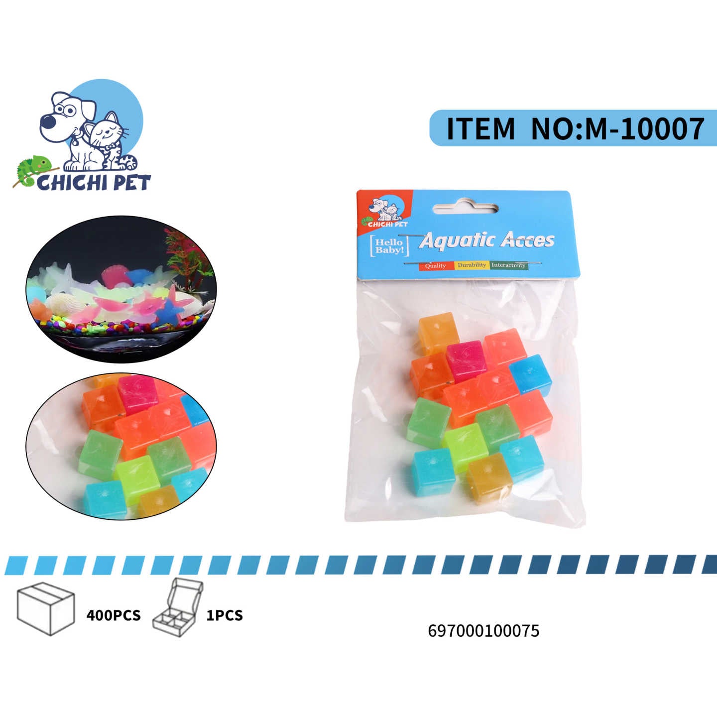 Decora el acuario de tus mascotas con estos modernos y vibrantes cubos luminosos de ChiChi Pet, número de artículo M-10007.
Diseño Moderno: Pequeños cubos que ofrecen una estética contemporánea y divertida para cualquier diseño de acuario.
Brillo Ambiental: Absorben la luz del día y resplandecen en la oscuridad, creando un efecto de iluminación suave y un ambiente relajante.
Colores Mixtos: Cada paquete incluye una variedad de cubos en diferentes colores, ideales para crear patrones y contrastes llamativos.