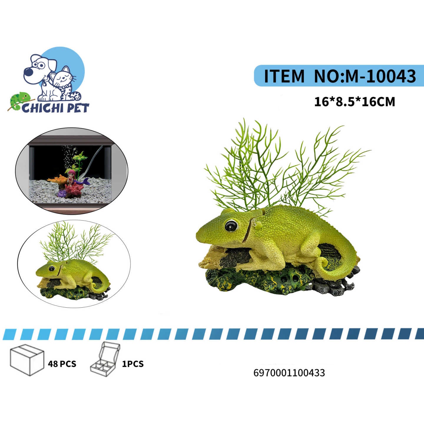 Aporte un toque exótico y natural a su acuario con la Decoración Acuario Gecko en Rama CHICHI PET, modelo M-10043 (WM-SZ616). Esta pieza decorativa, cuidadosamente diseñada, crea un punto focal fascinante y un refugio atractivo para sus peces, mejorando la estética y la funcionalidad de su ecosistema acuático.
Con dimensiones de 16x8.5x16cm, esta figura representa un gecko de color verde vibrante posado sobre una rama, complementado con plantas artificiales que simulan vegetación acuática. Fabricada en resi