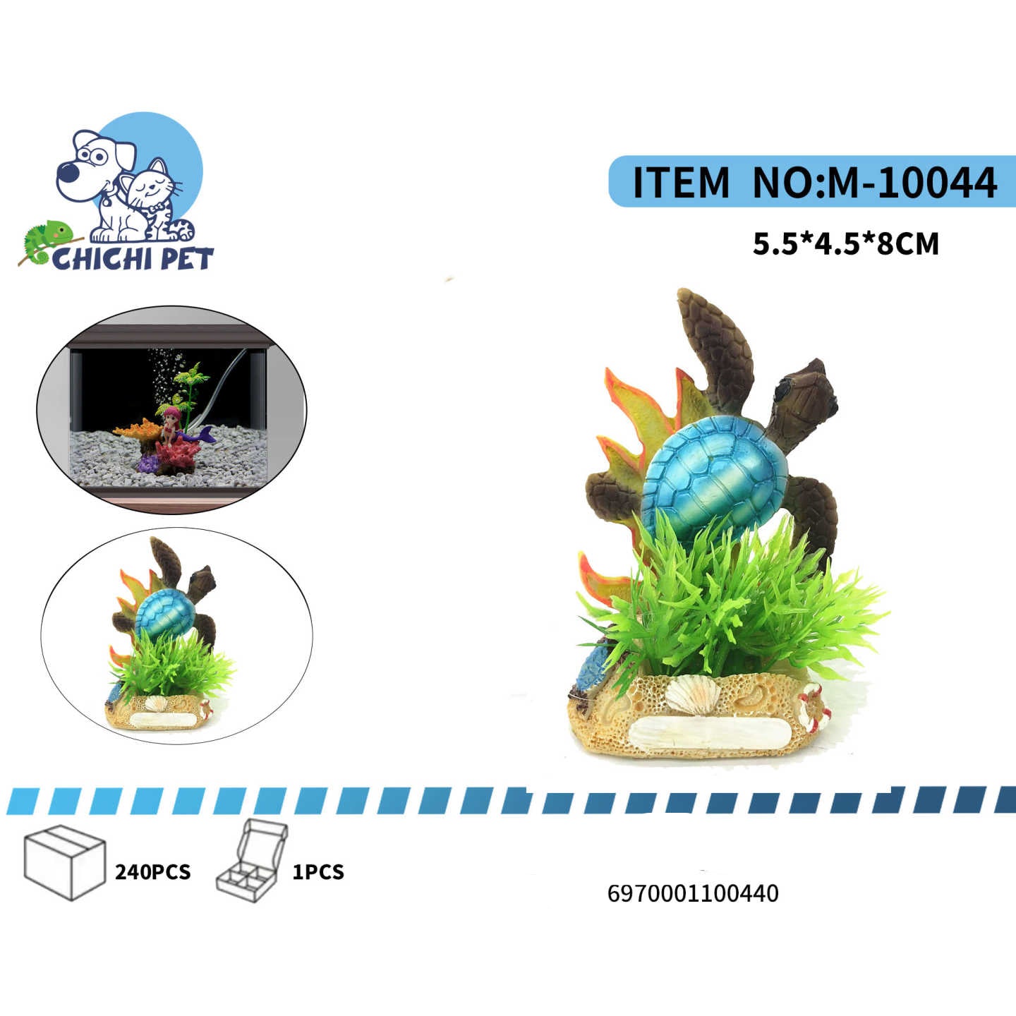 Cree un cautivador paisaje marino en su acuario con la Decoración Acuario Tortuga Marina y Coral CHICHI PET, modelo M-10044 (WM-SZ1295). Esta pieza decorativa detallada no solo embellece su entorno acuático, sino que también ofrece un punto de interés visual y un espacio de exploración para sus peces.
Con unas dimensiones de 5.5x4.5x8cm, esta figura presenta una tortuga marina de caparazón azul vibrante, posada sobre una base arenosa adornada con plantas artificiales verdes y toques de coral naranja. Fabric