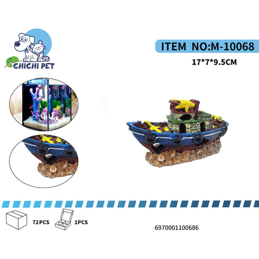 El barco hundido decorativo CHICHI PET M-10068 es ideal para darle un toque único y natural a tu acuario. Fabricado en resina no tóxica, es seguro para peces y resistente al agua, manteniendo sus colores vivos por mucho tiempo.
