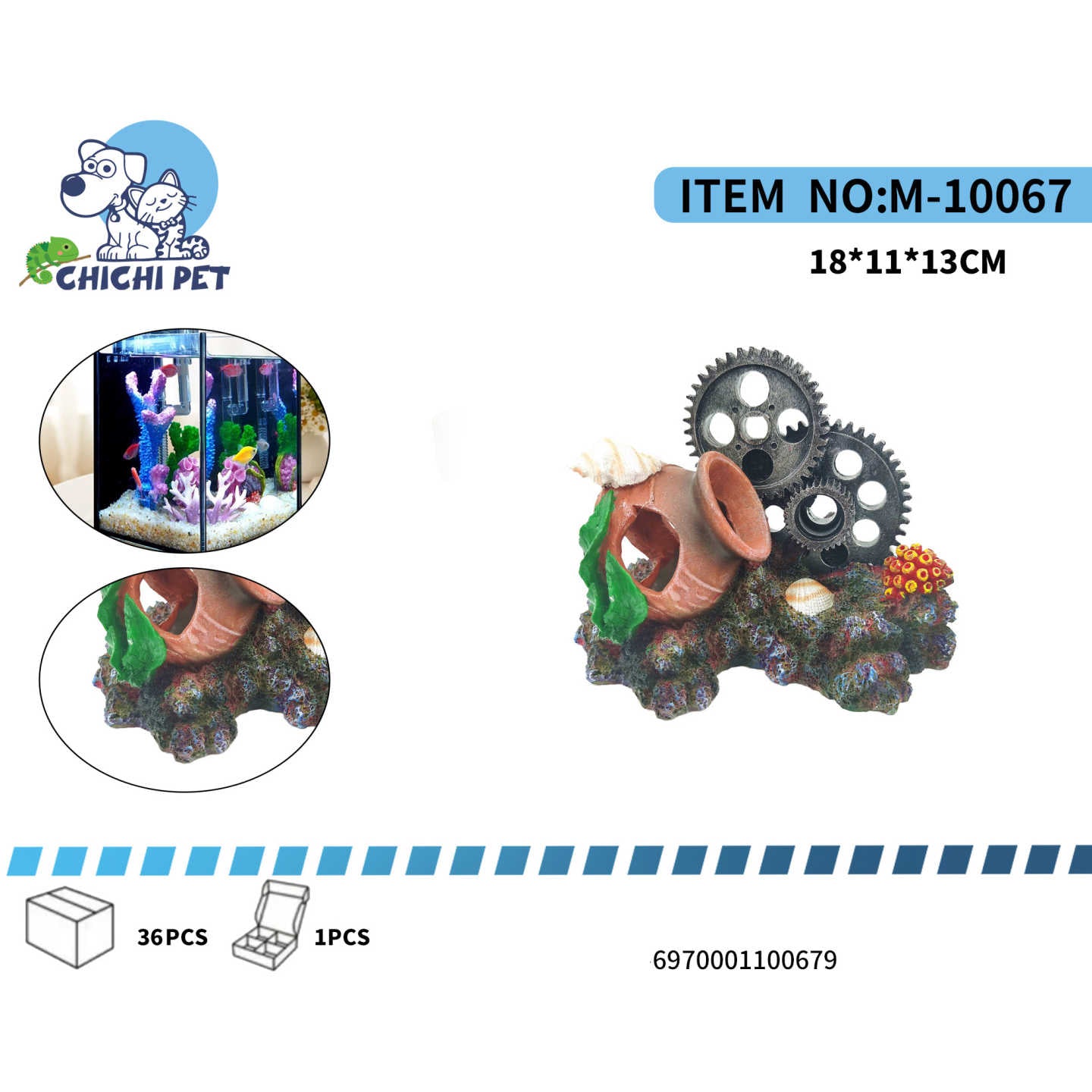 Sumérgete en un mundo de fantasía submarina con la decoración steampunk de ánfora y engranajes ChiChi Pet, modelo M-10067. Este original adorno fusiona lo antiguo y lo mecánico, presentando una ánfora de cerámica cubierta de algas, acompañada de engranajes metálicos y pequeños corales, creando un paisaje de naufragio industrial y natural.