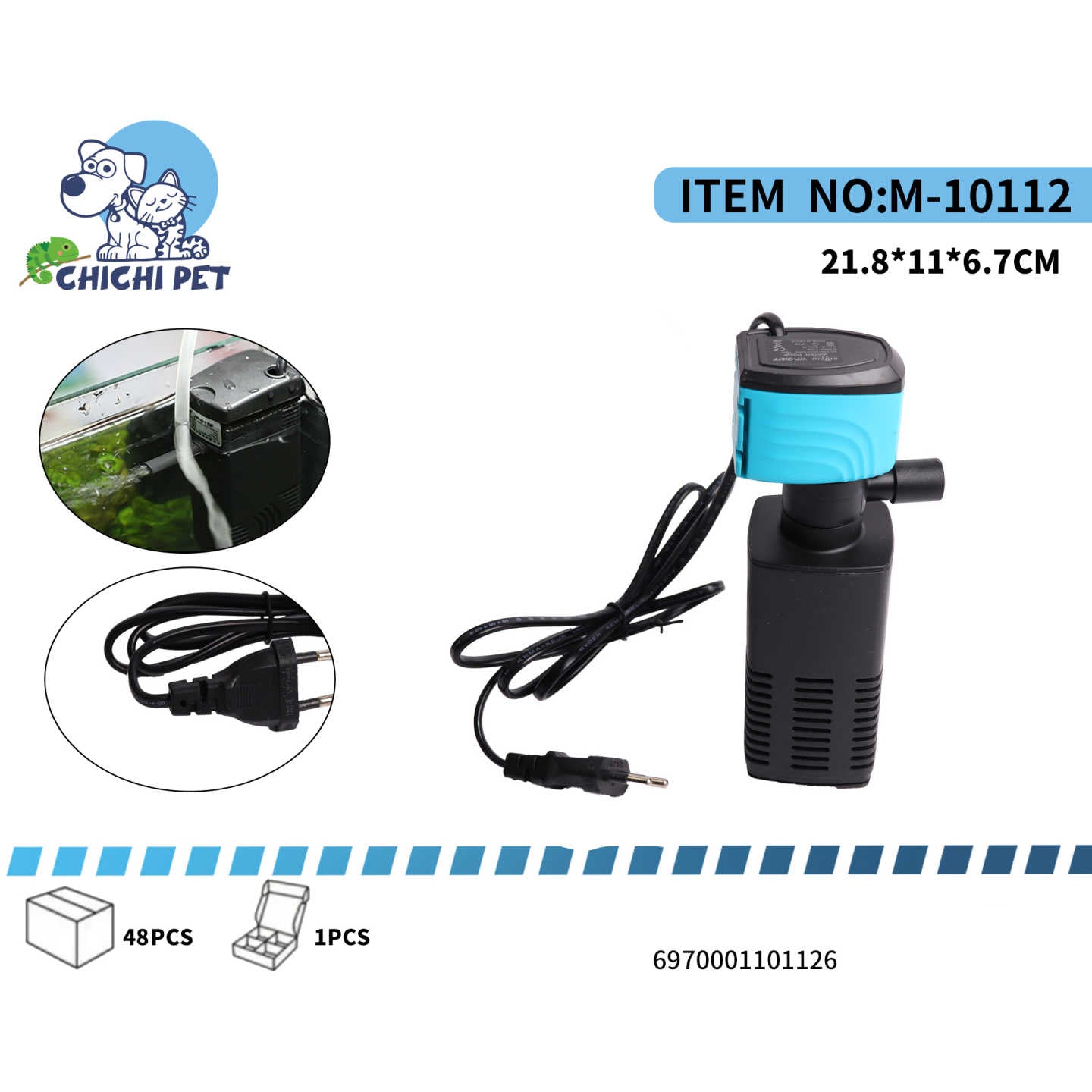 Presentamos el Filtro Sumergible 3 en 1 Chichi Pet, Modelo WP-108FF (Ítem No: M-10112), la solución perfecta para la oxigenación, filtración y circulación del agua en tu pecera. Diseñado para ofrecer un rendimiento superior en un tamaño compacto, este filtro es ideal para acuarios de tamaño pequeño a mediano.