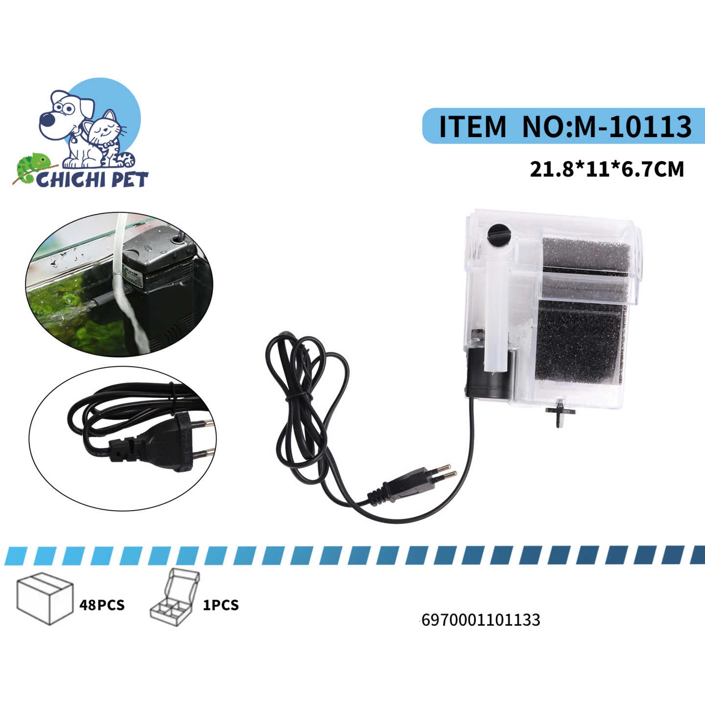 Te presentamos el Filtro de Cascada Colgante Ultra Delgado Chichi Pet, Modelo VS-501HF (Ítem No: M-10113). Este sistema de filtración externo tipo hang-on-back (cascada) es perfecto para mantener tu acuario limpio sin ocupar espacio dentro de la pecera. Su diseño ultra delgado es estético y funcional, ofreciendo una excelente filtración mecánica y biológica.