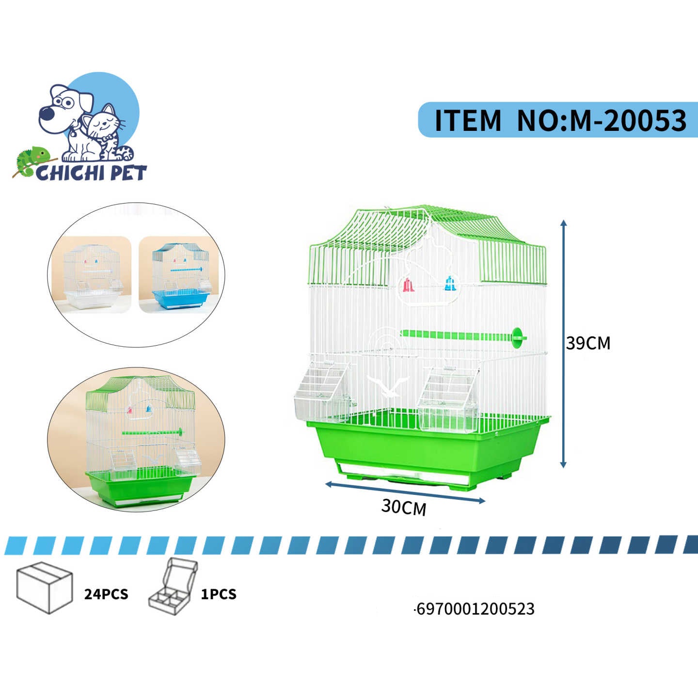 La jaula Chichi Pet M-20053 es el hogar ideal para tus aves pequeñas, ofreciendo comodidad, seguridad y un diseño funcional. Fabricada con materiales resistentes y un acabado colorido, combina estética y practicidad para el bienestar de tus mascotas.