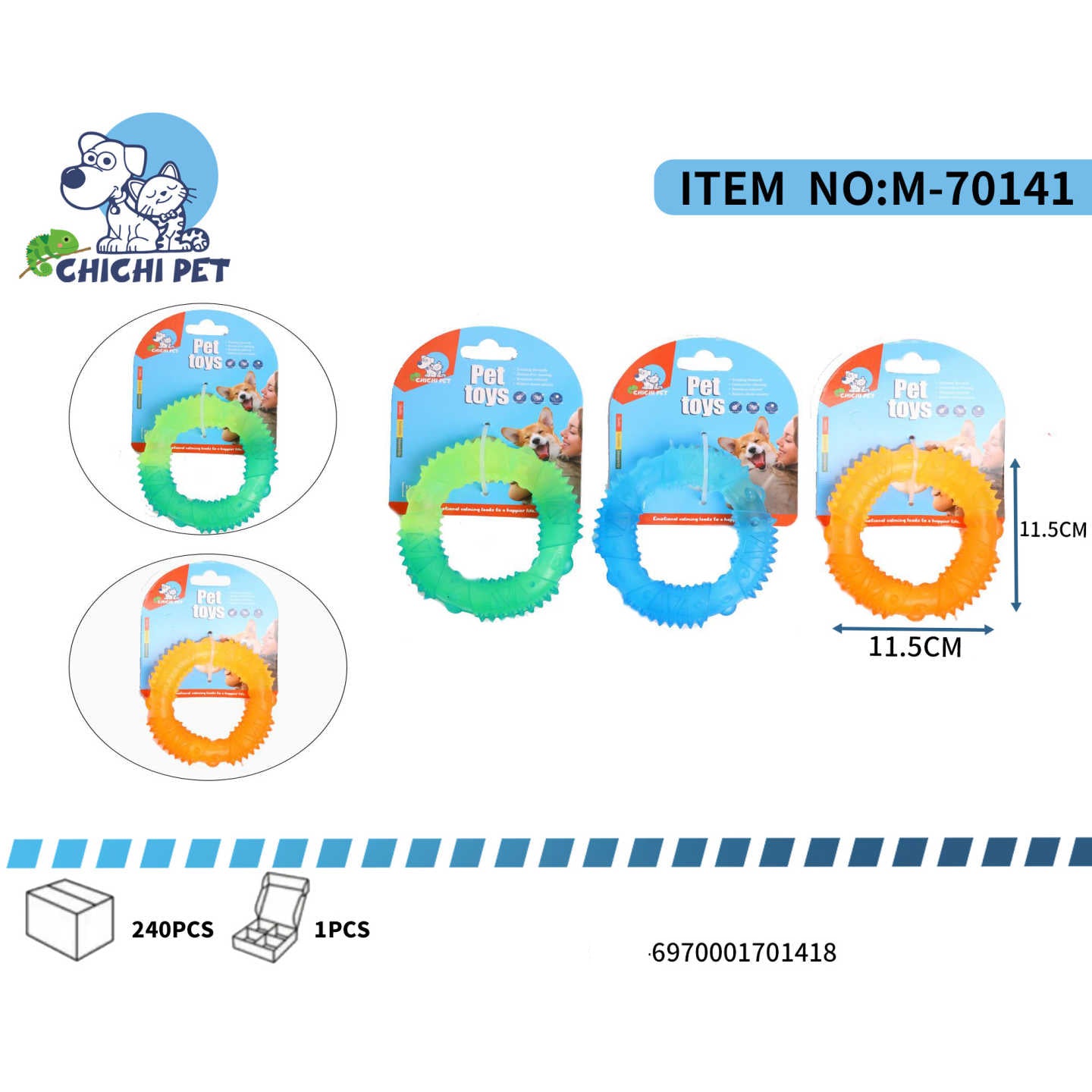 Ayuda a tu perro a mantener una sonrisa saludable y a aliviar el estres con este juguete mordedor en forma de anillo dental de Chichi Pet. Con un diseño vibrante y texturas especiales, este anillo es perfecto para la masticacion diaria de tu mascota.