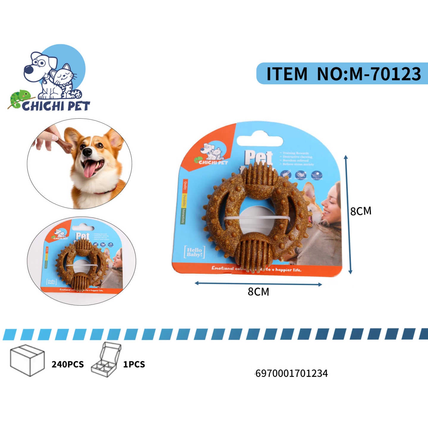 Proporciona a tu perro un juguete duradero y beneficioso para su salud dental con este mordedor en forma de anillo con nudos de Chichi Pet. Ideal para perros de todas las edades, este juguete esta diseñado para soportar la masticacion y ayudar en la limpieza de sus dientes.