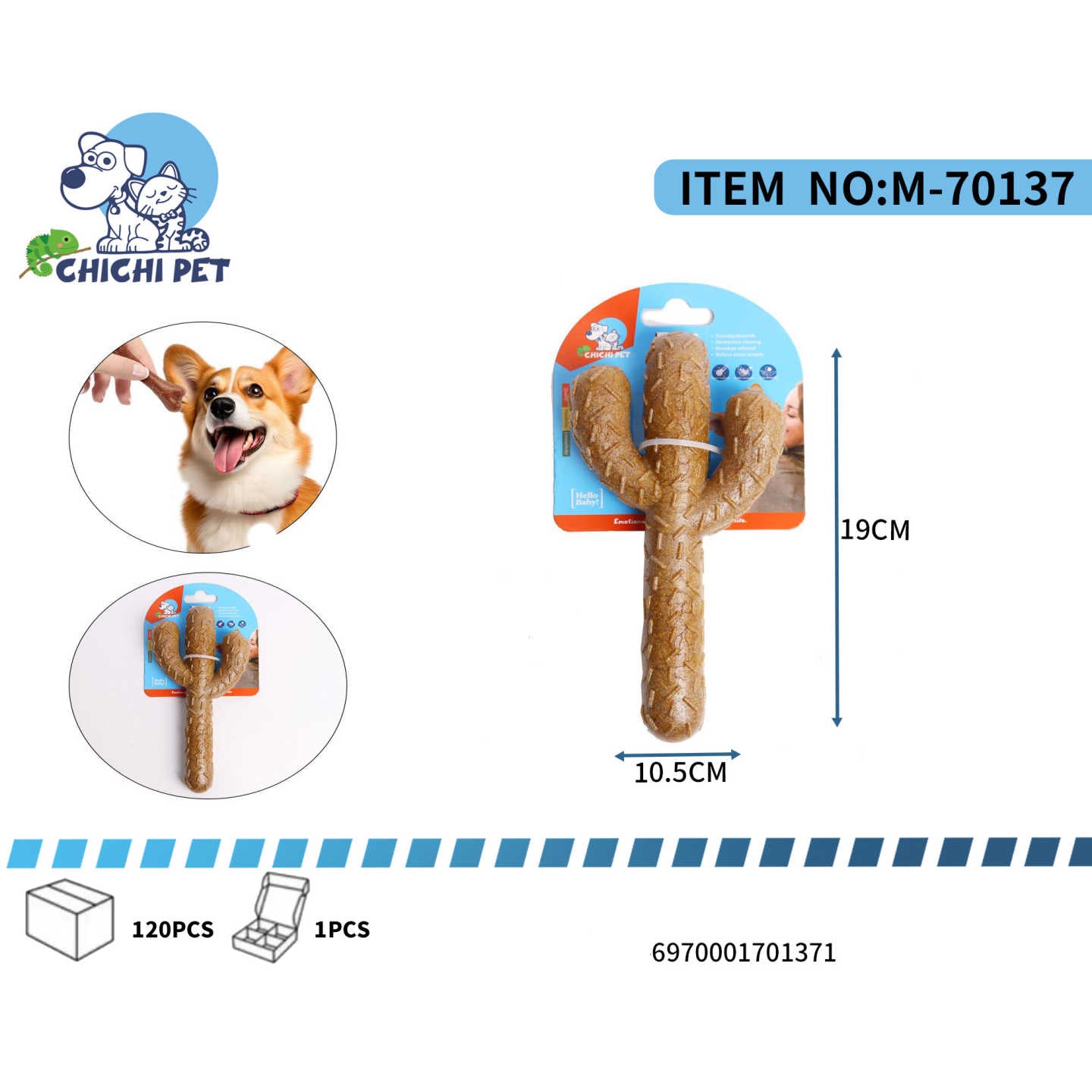 Dale a tu perro un juguete diferente y divertido con este mordedor de Chichi Pet con forma de cactus. Su diseño unico no solo es atractivo, sino que tambien ofrece multiples superficies para masticar, ayudando a mantener a tu mascota entretenida y a cuidar su salud dental.