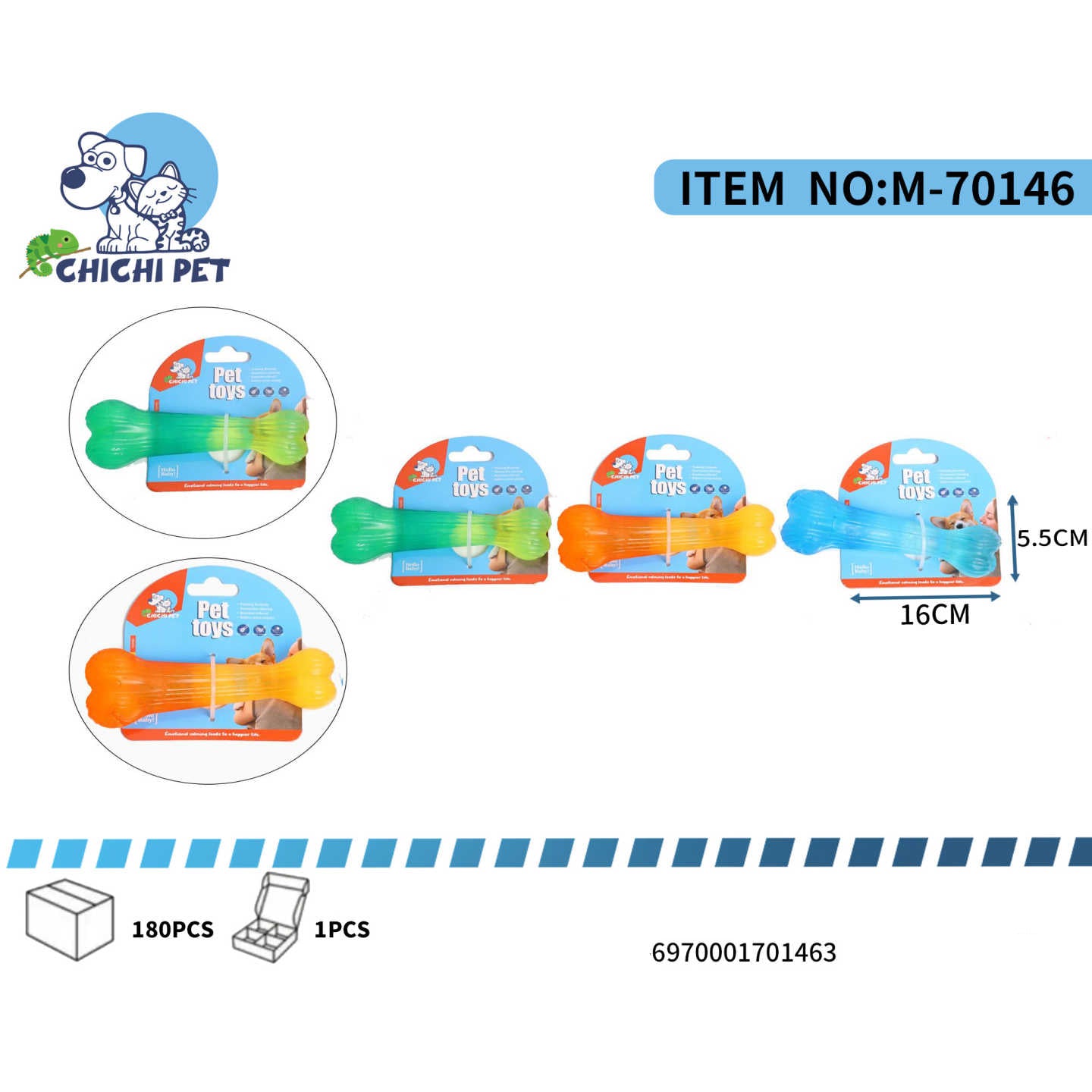 El juguete clasico para perros se reinventa con este mordedor en forma de hueso liso y con efecto degradado de Chichi Pet. Ideal para la masticacion diaria, este juguete proporciona diversion y contribuye a la salud dental de tu mascota.
