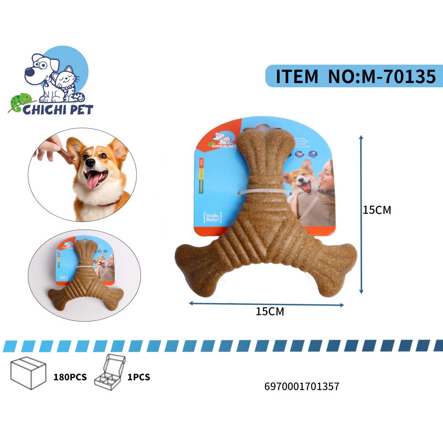 Proporciona a tu perro un juguete unico y funcional con este mordedor de Chichi Pet con forma de T. Su diseño ergonomico y las diferentes texturas lo hacen muy atractivo para la masticacion, ayudando a tu mascota a mantenerse entretenida y a cuidar su salud bucal.