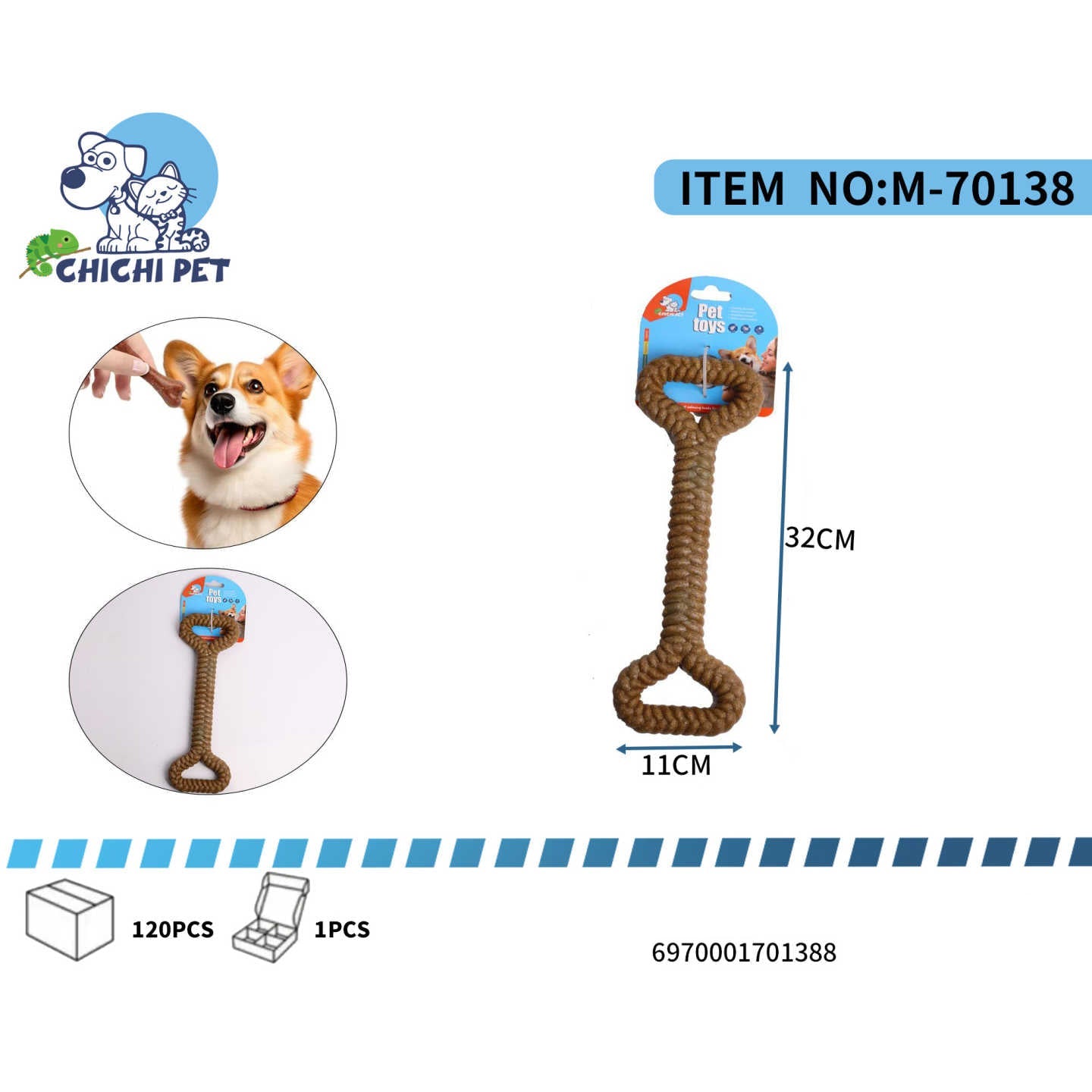 Invita a tu perro a horas de juego y diversion con este resistente juguete mordedor de cuerda anudada de Chichi Pet. Ideal para juegos de jalar, lanzar y morder, este juguete es perfecto para fortalecer el vinculo con tu mascota y mantenerla activa.