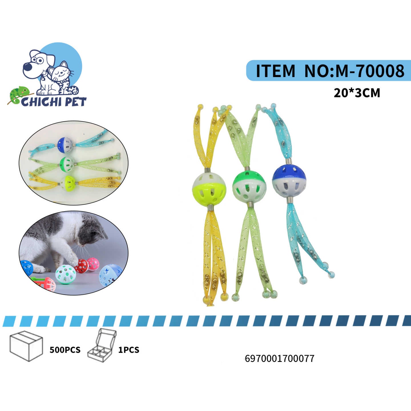 Despierta la curiosidad y el instinto lúdico de tu gato con el juguete interactivo Chichi Pet M-70008. Este atractivo juguete cuenta con una pelota con cascabel y cintas brillantes en sus extremos, diseñado para proporcionar horas de entretenimiento y ejercicio a tu felino.