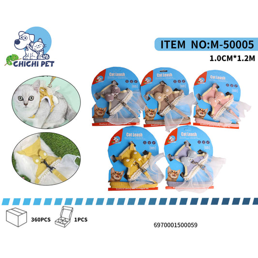 CHICHI PET M-50005 Cat Dress Harness and Leash Set - 1.0CM Width, 1.2M Length (Polka Dot with Skirt)