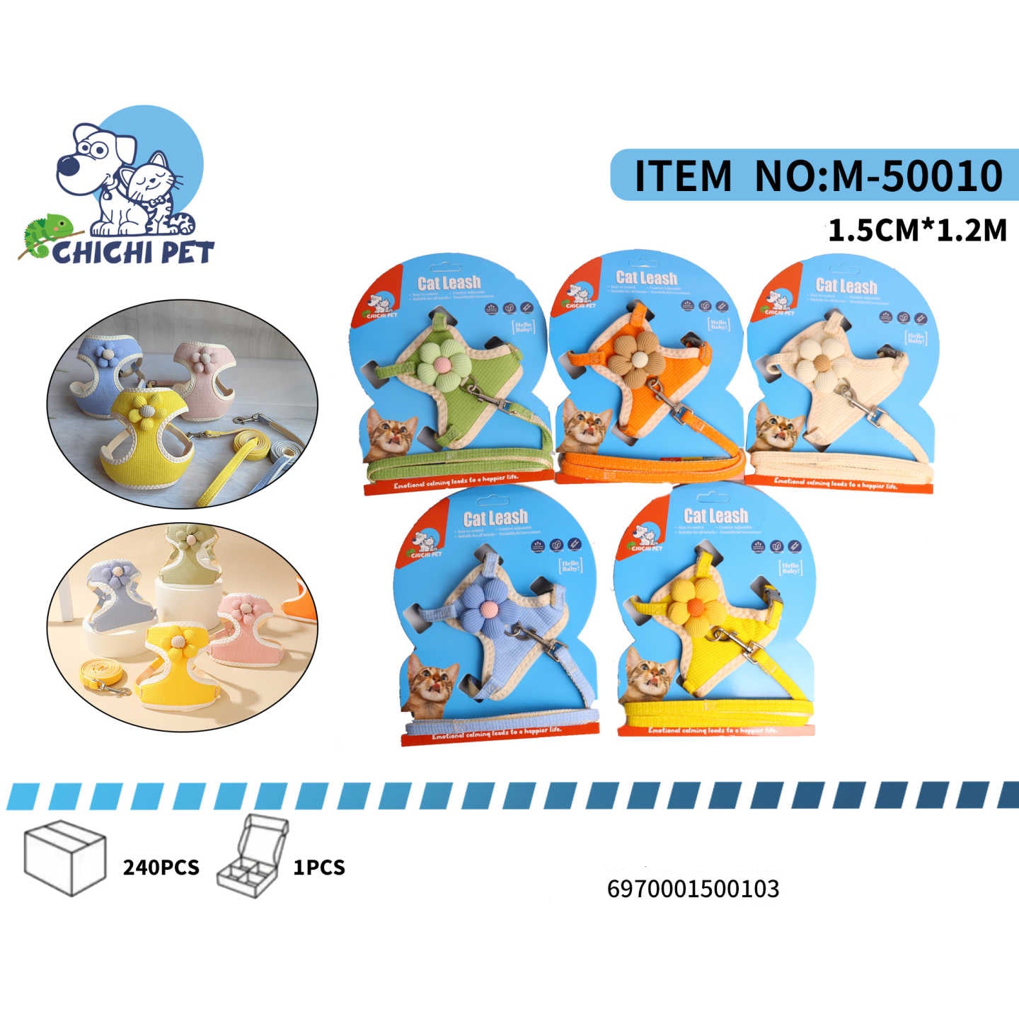 CHICHI PET M-50010 Flower Knot Mesh Cat/Small Dog Harness and Leash Set - 1.5CM Width, 1.2M Length (Small Flower)