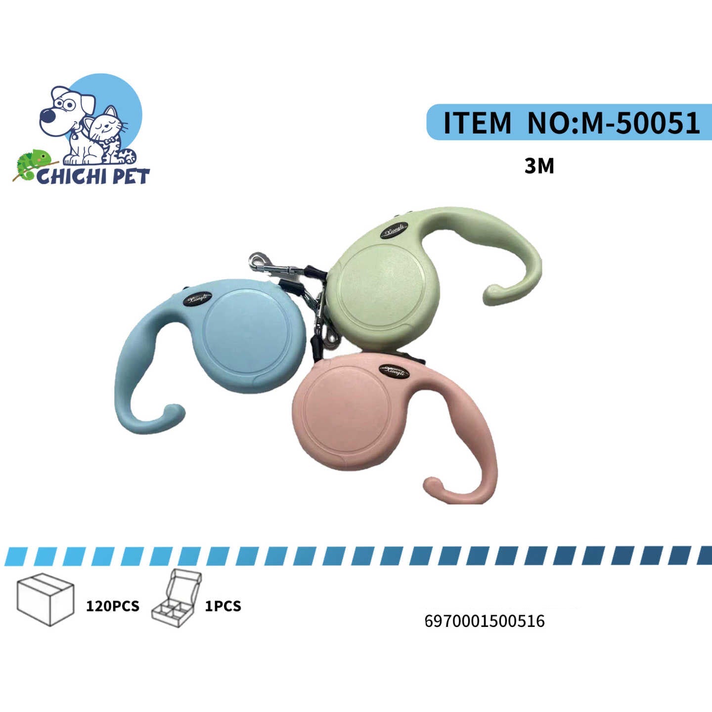 CHICHI PET M-50051 3-Meter Retractable Pet Leash with Ergonomic Hook-Style Handle and Snap Hook