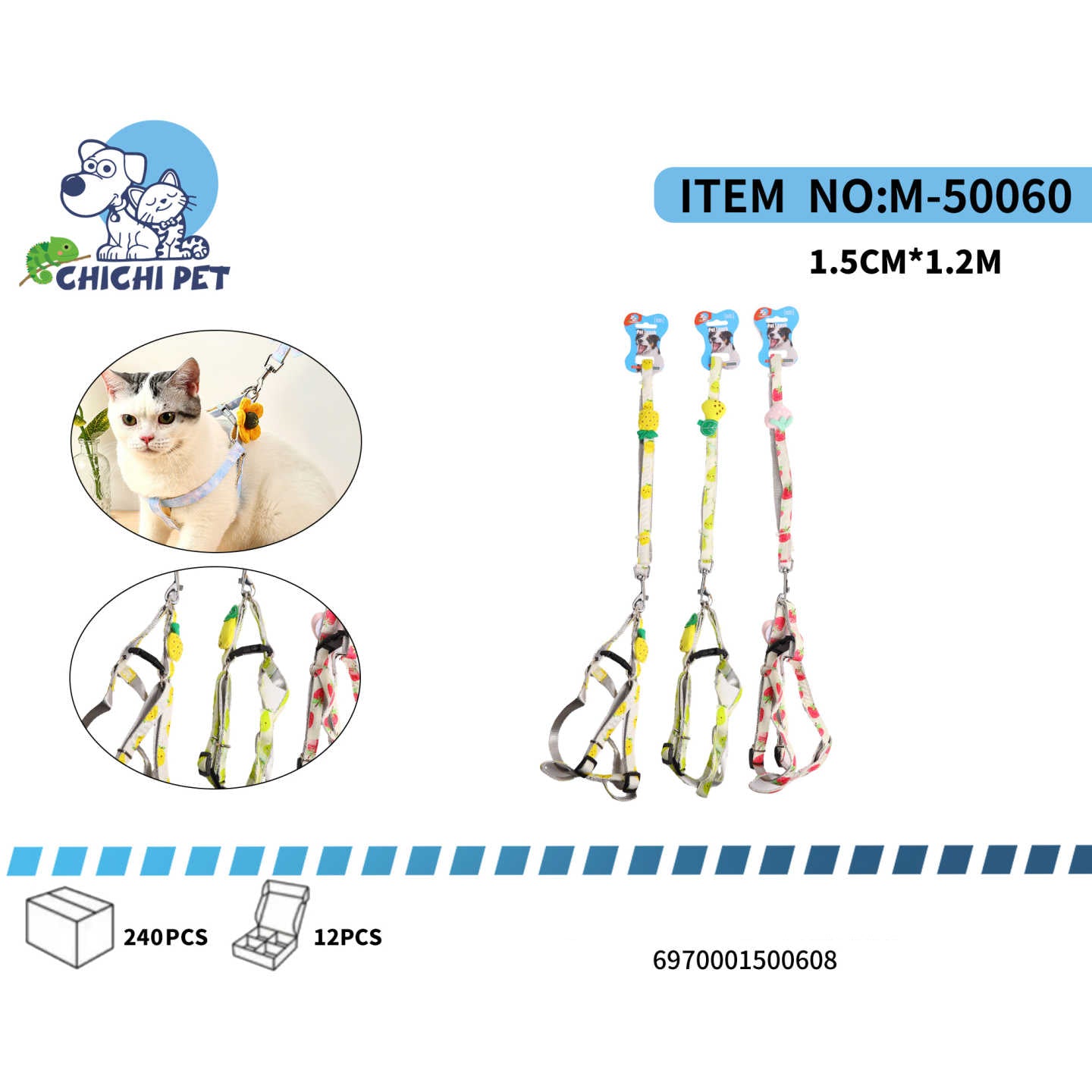 CHICHI PET M-50060 Striped Bow-Knot H-Harness and Leash Set with Fruit Charm - 1.5CM Width, 1.2M Length