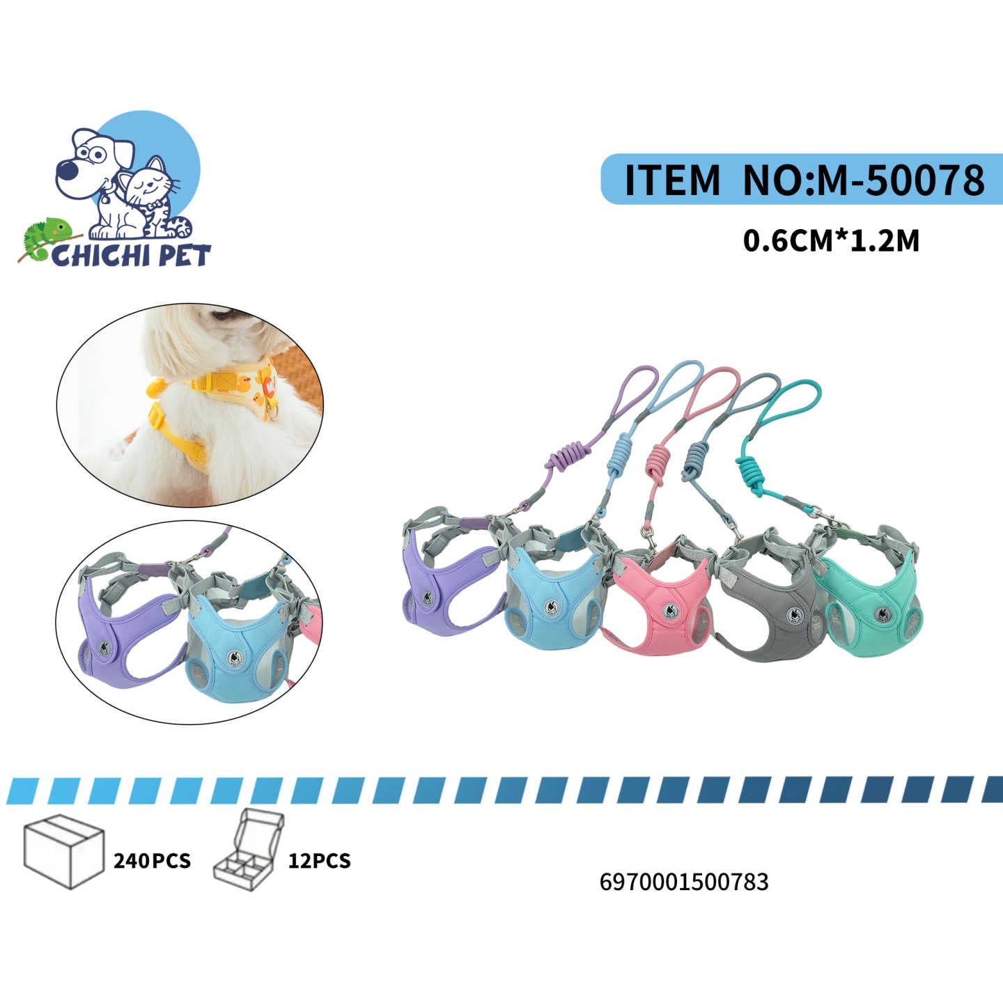 CHICHI PET M-50078 Mesh Cat/Small Dog Harness and Leash Set - 0.6CM Width, 1.2M Length (Leather Tag, Ear Design)