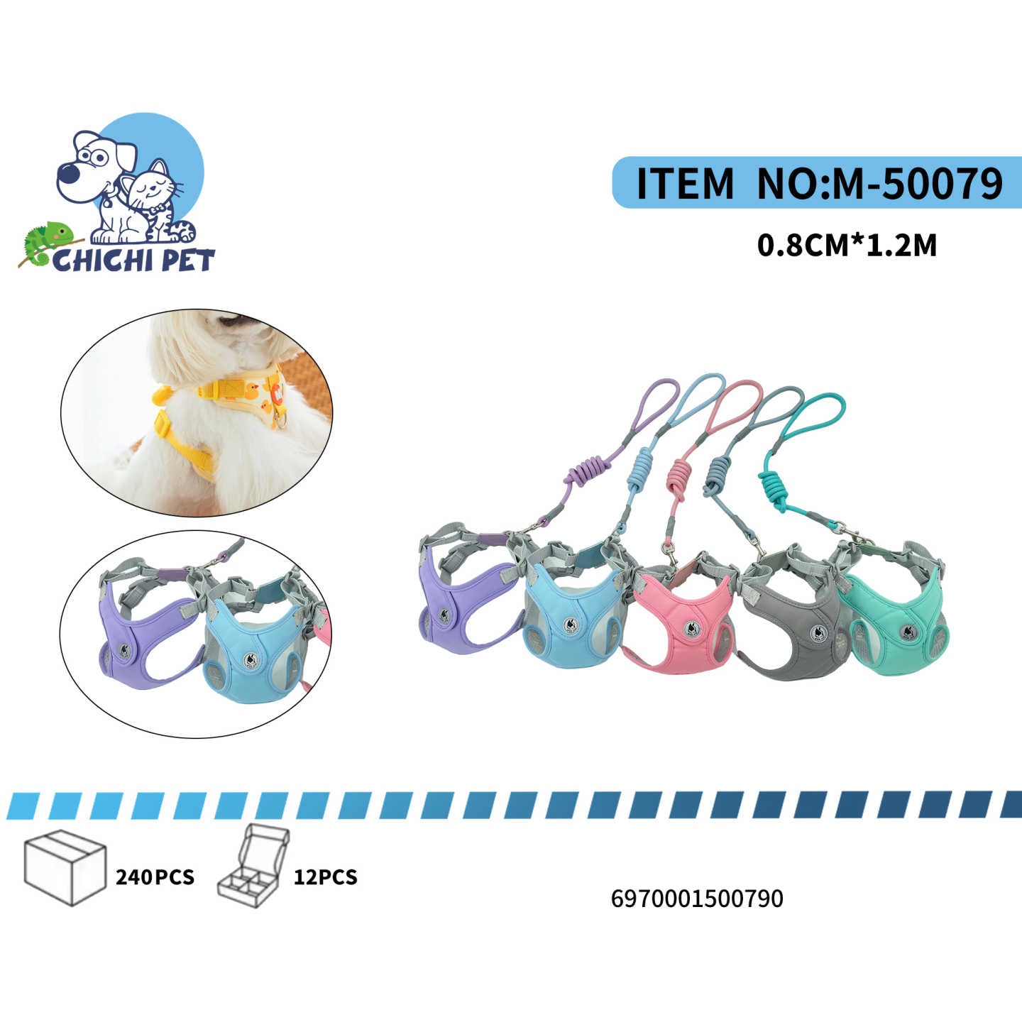 CHICHI PET M-50079 X-Small Mesh Harness and Leash Set with Ears, Leather Tag & Coil Leash - 0.8CM Width, 1.2M Length