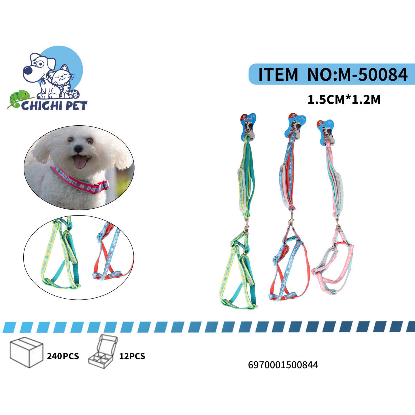 CHICHI PET M-50084 Reflective Letter Print Pet Harness and Leash Set - 1.5CM Width, 1.2M Length (Small Size)