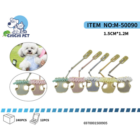 CHICHI PET M-50090 Polka Dot Mesh Pet Harness and Leash Set - 1.5CM Width, 1.2M Length (Ruffled Design)