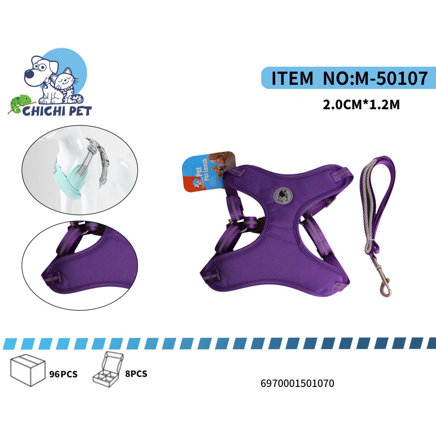 CHICHI PET M-50107 Mesh Dog Harness and Leash Set - 2.0CM Width, 1.2M Length (Dog Head Logo)