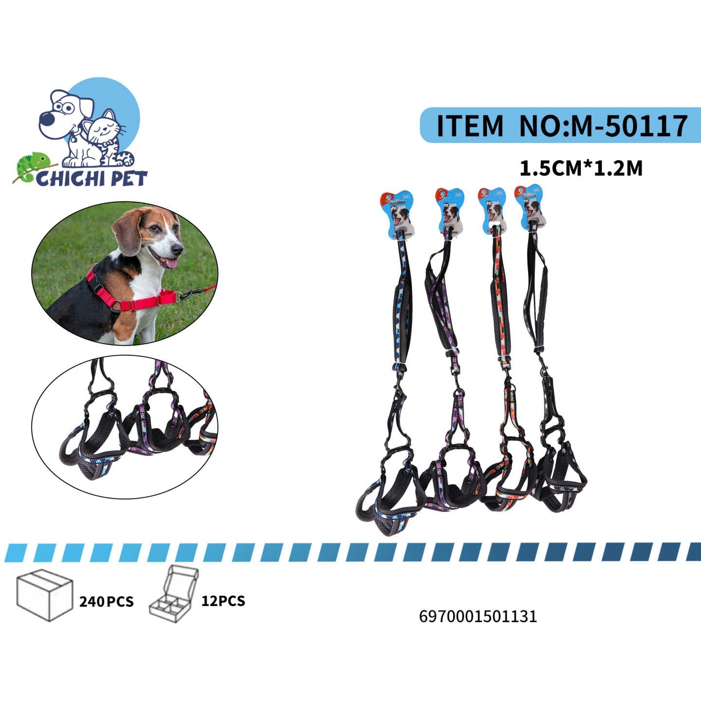 CHICHI PET M-50117 Printed Reflective Mesh Dog Harness and Leash Set - 1.5CM