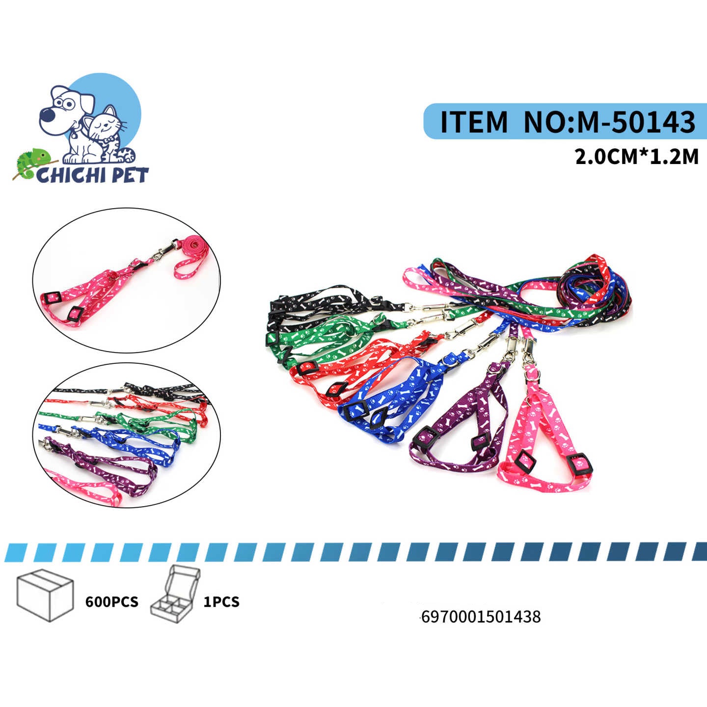 CHICHI PET M-50143 Printed Pattern Dog Harness and Leash Set (2.0CM x 1.2M)
