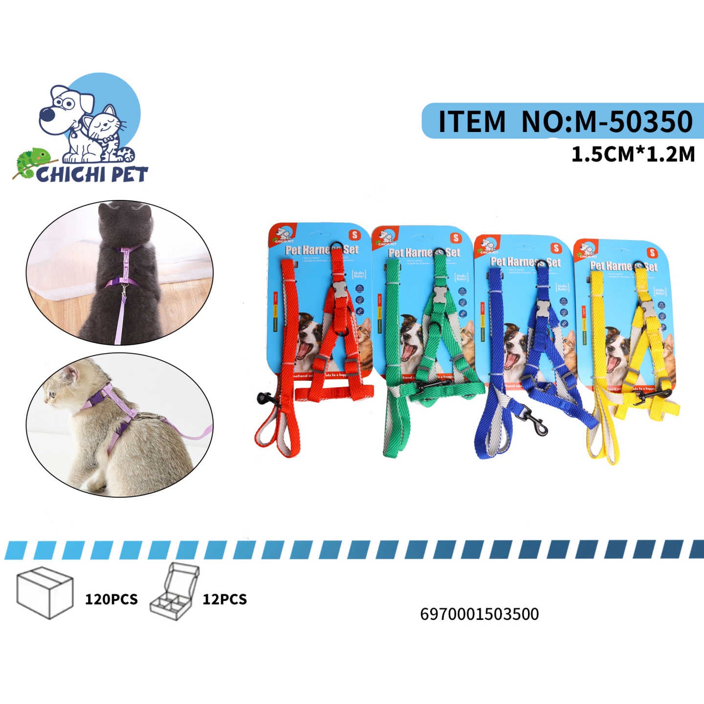 CHICHI PET M-50350 Dog/Cat Harness and Leash Set - 1.5CM Width, 1.2M Length (Nylon/Canvas)