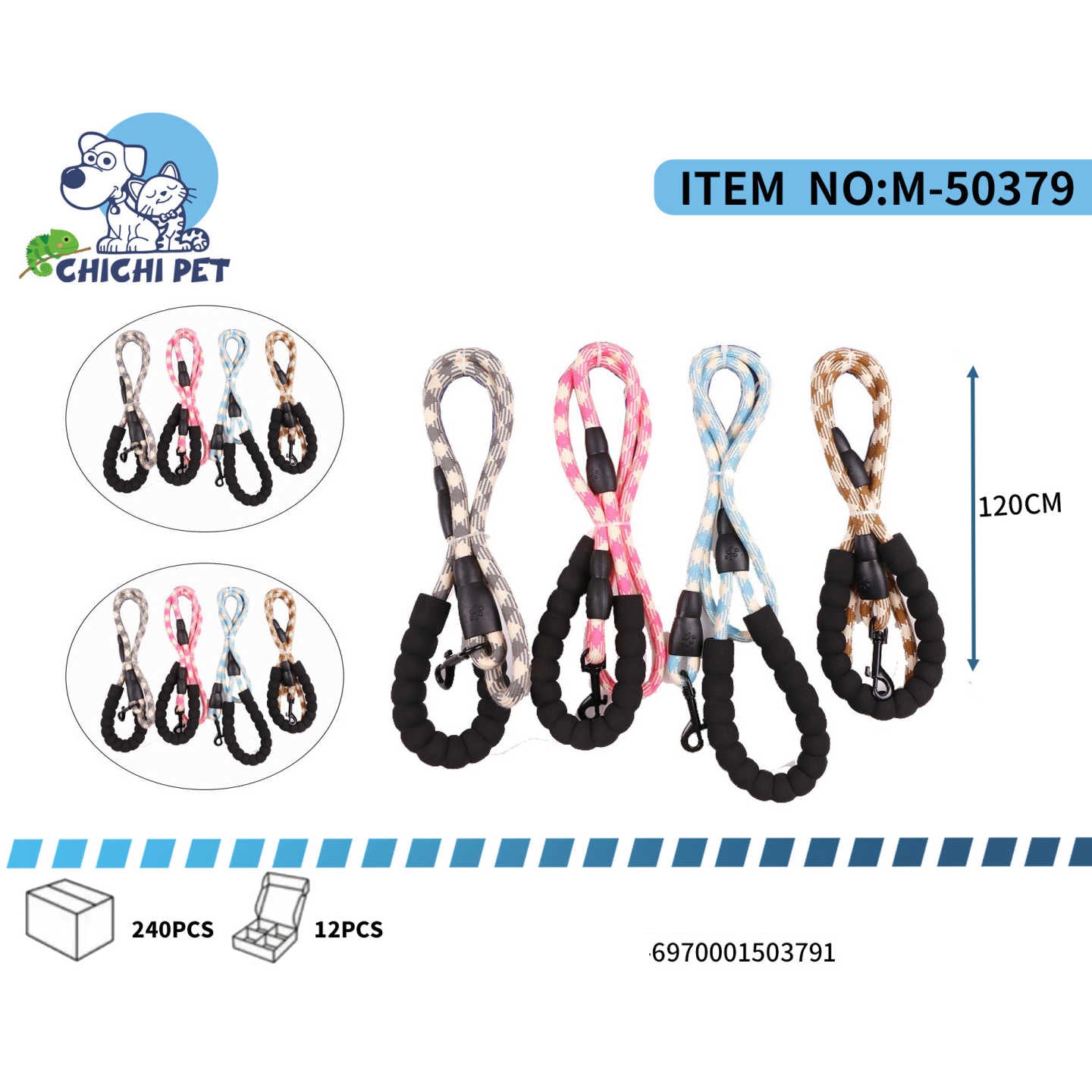 Dog leashes with colorful patterns on a white background, featuring the Chichi Pet brand.