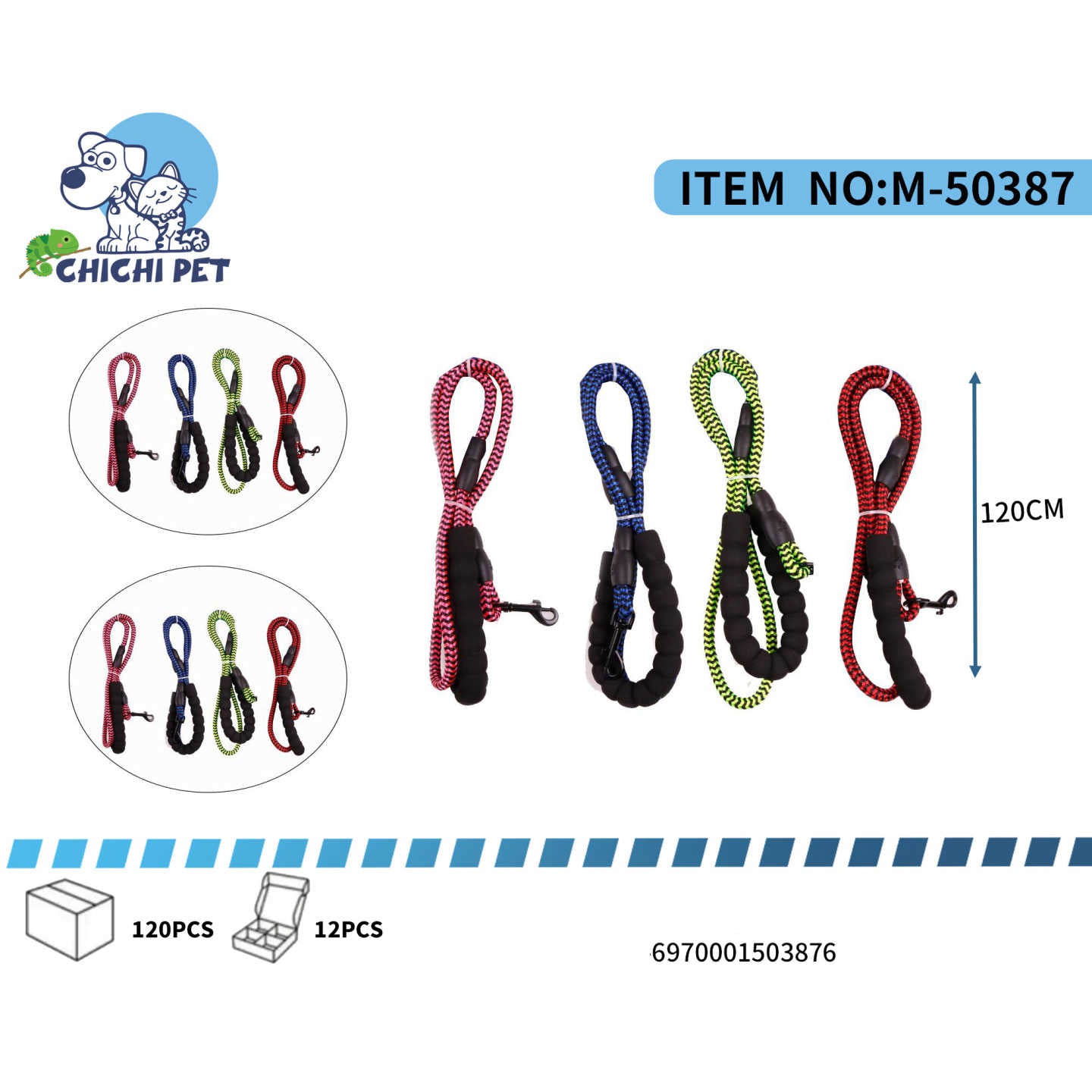 CHICHI PET M-50387 Braided Rope Dog Leash (1.2CM x 120CM) - Heavy Duty Round Rope with Comfortable Foam Handle