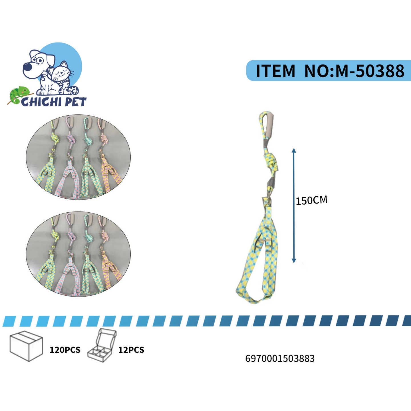 Pet leash with measurements and CHICHI PET branding