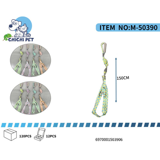 Pet leash with colorful pattern, CHICHI PET branding, and product details on a white background. Medel: M-50390