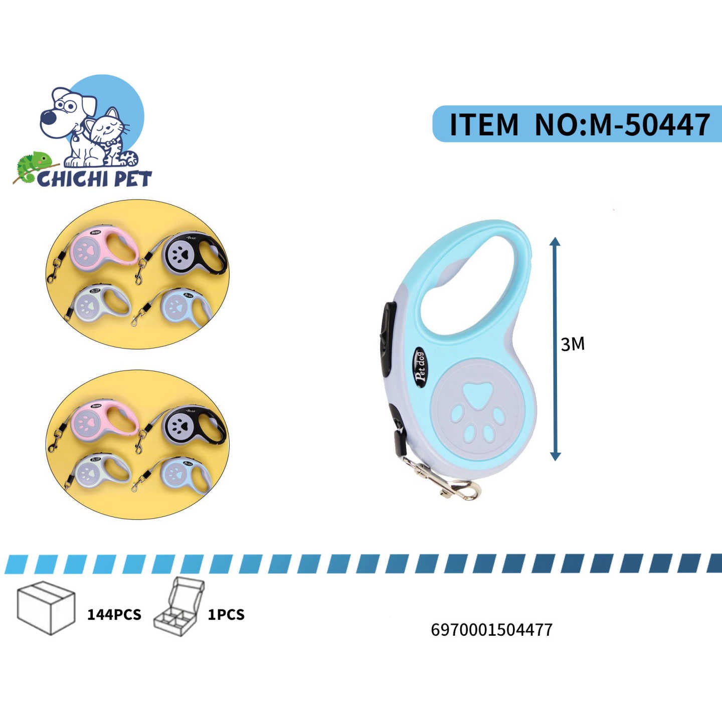 CHICHI PET M-50447 Paw Print Retractable Dog Leash - 3M Automatic Pet Leash (Blue)