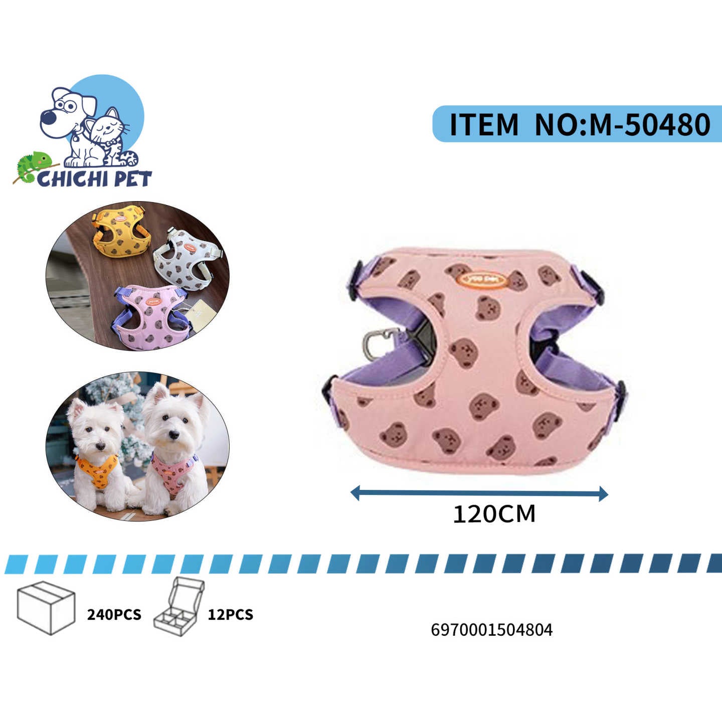 Pet harness with pattern, size 120CM, displayed with CHICHI PET branding.