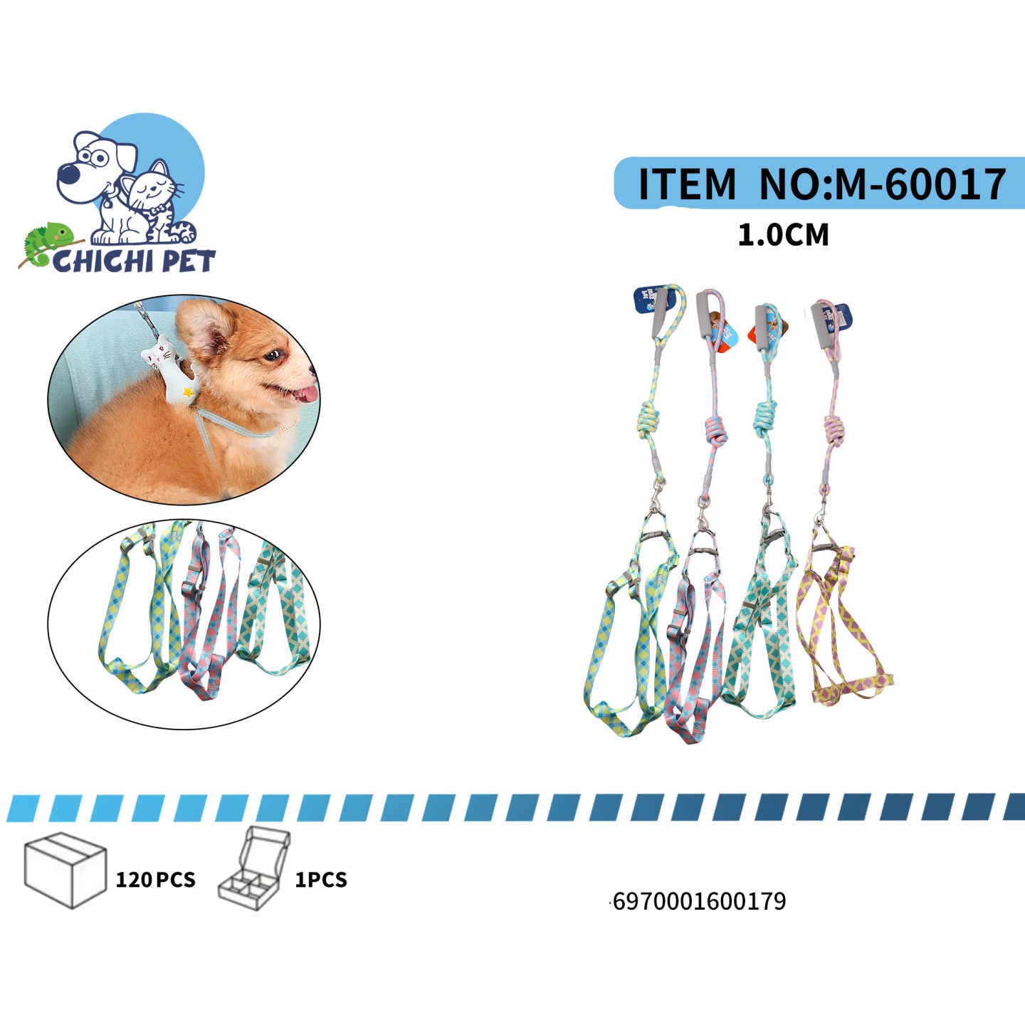 CHICHI PET M-60017 Small Dot Print H-Harness and Leash Set with Star Charm and Coil Shock Absorber - 1.0CM Width