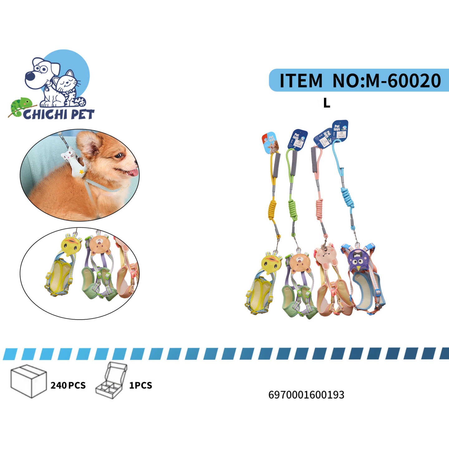 CHICHI PET M-60020 Large Cute Character Vest Harness and Leash Set with Shock Absorbing Coil - L Size