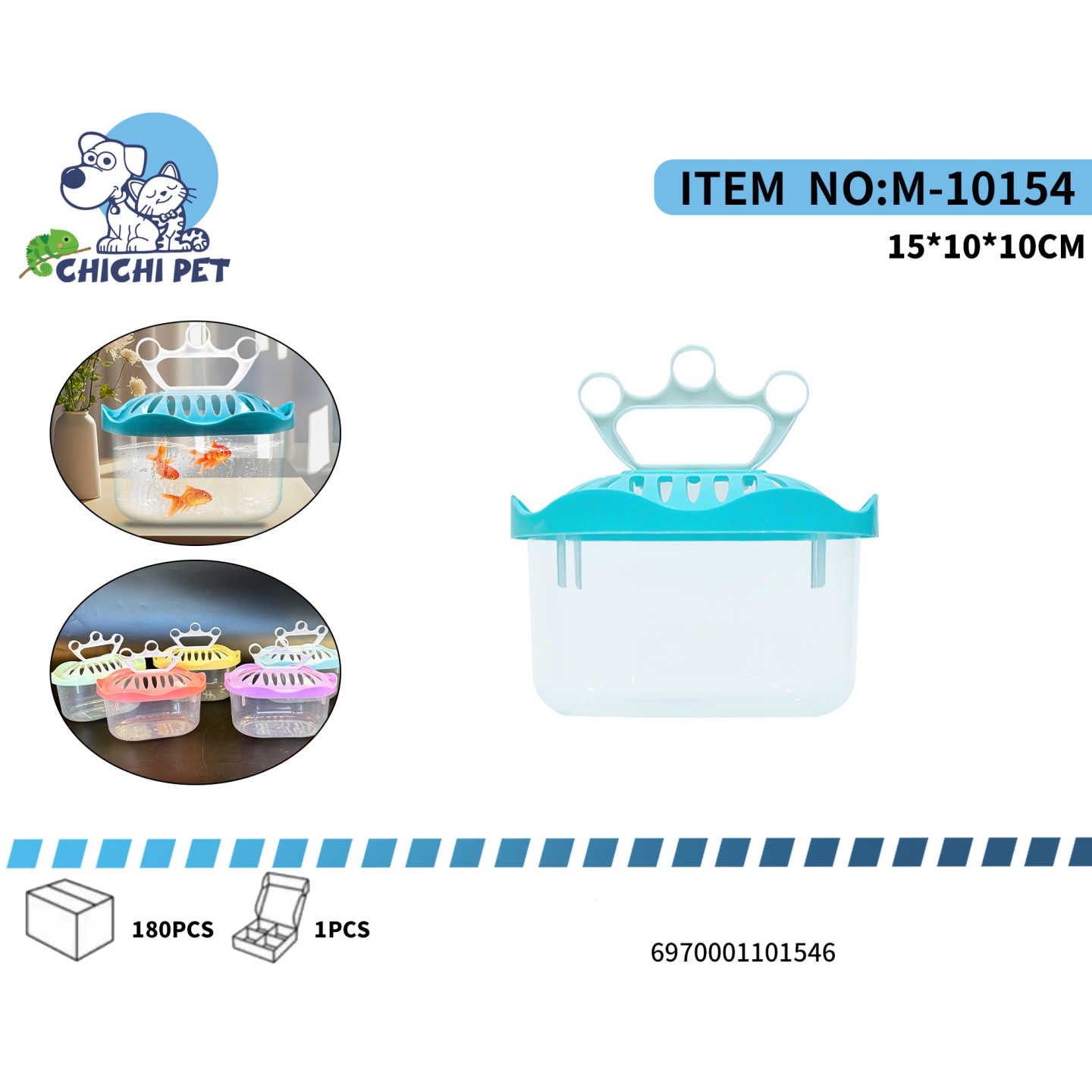 La caja plástica modelo M-10154 de CHICHI PET es perfecta para transportar o mantener peces pequeños, tortugas o reptiles en espacios reducidos. Su diseño compacto y colorido la hace ideal tanto para el hogar como para uso temporal durante la limpieza del acuario.

Fabricada en plástico transparente resistente, con tapa ventilada y asa ergonómica en forma de corona, ofrece comodidad y seguridad al manipular a tus mascotas acuáticas.

Características:

Tamaño: 15 × 10 × 10 cm

Material: plástico duradero y s
