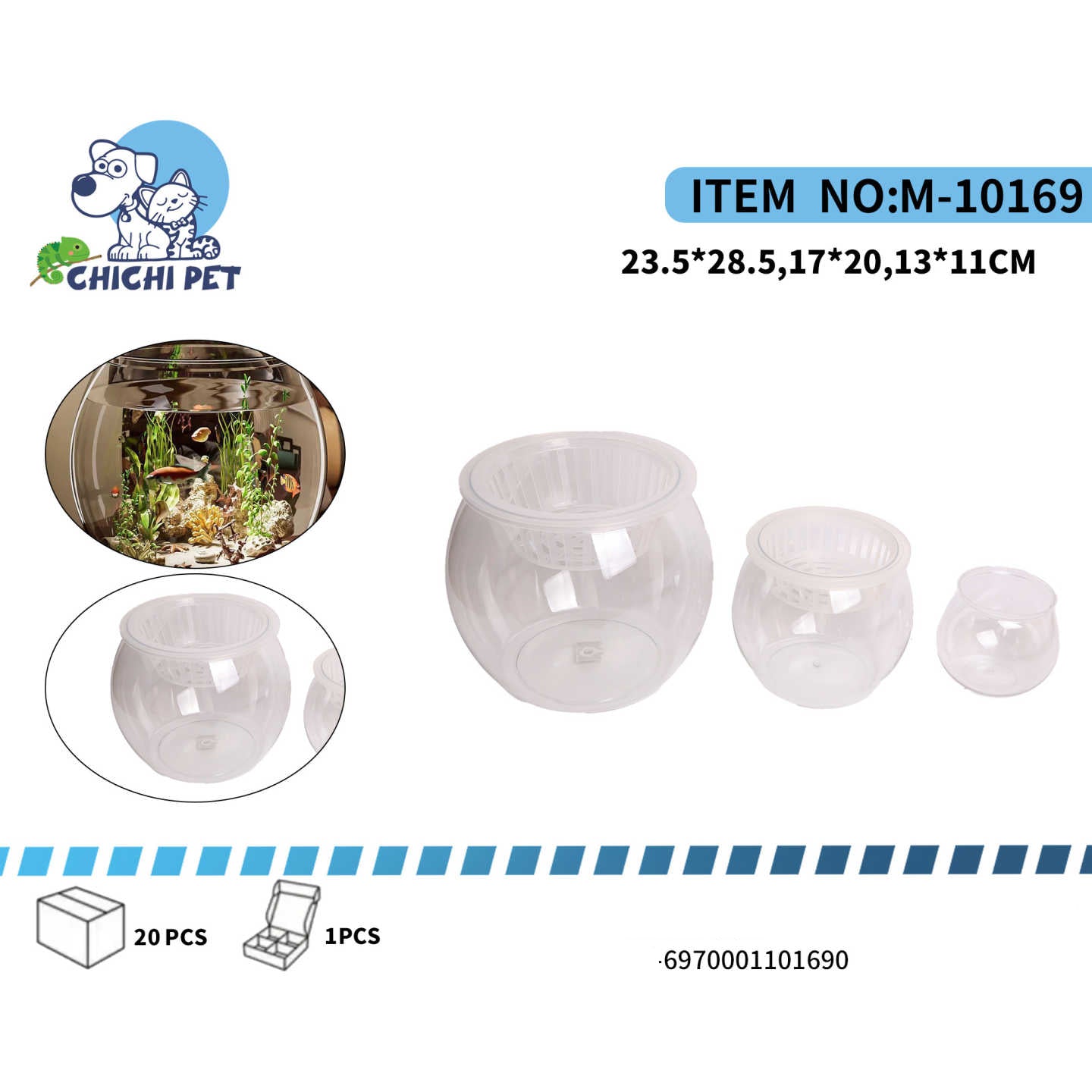 Dale un toque de vida y estilo a cualquier rincón con este práctico y versátil Set de Mini Peceras Plásticas NHSZ-9814-1 de CHI CHI PET.

Este set incluye tres tamaños diferentes (23.5*28.5 cm, 17*20 cm y 13*11 cm) que puedes usar juntos para crear una composición armoniosa o por separado para decorar múltiples espacios en tu hogar u oficina.

Características Principales:

Diseño Versátil: Perfecto para peces betta, pequeños peces de agua fría o como un terrario decorativo para plantas acuáticas.

Material 