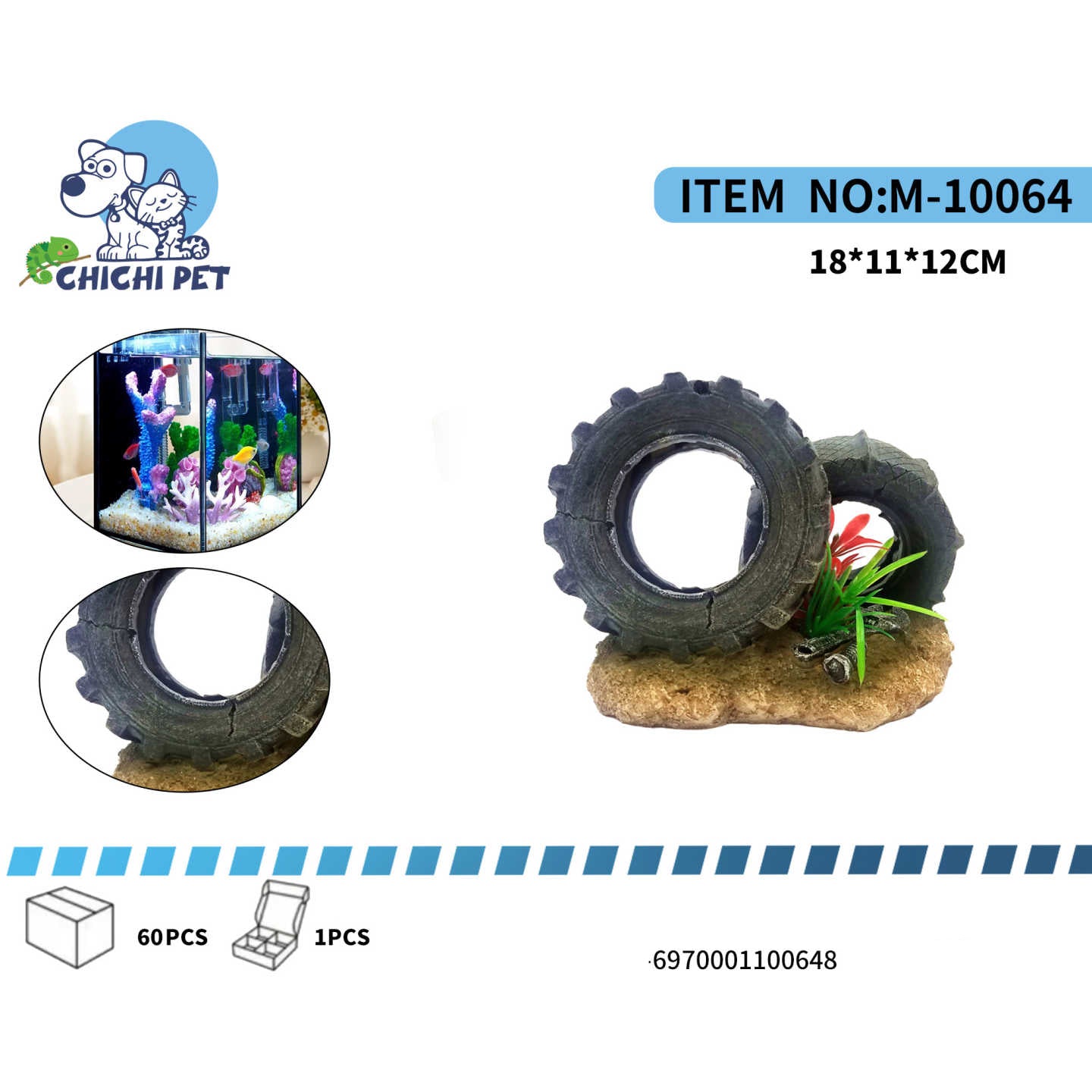 Dale un giro inesperado a la decoración de tu acuario con el adorno de neumáticos hundidos con algas ChiChi Pet, modelo M-10064. Este original accesorio presenta dos neumáticos de aspecto envejecido, parcialmente cubiertos de arena y adornados con algas rojas y verdes, creando una escena submarina de un vertedero o un naufragio moderno.