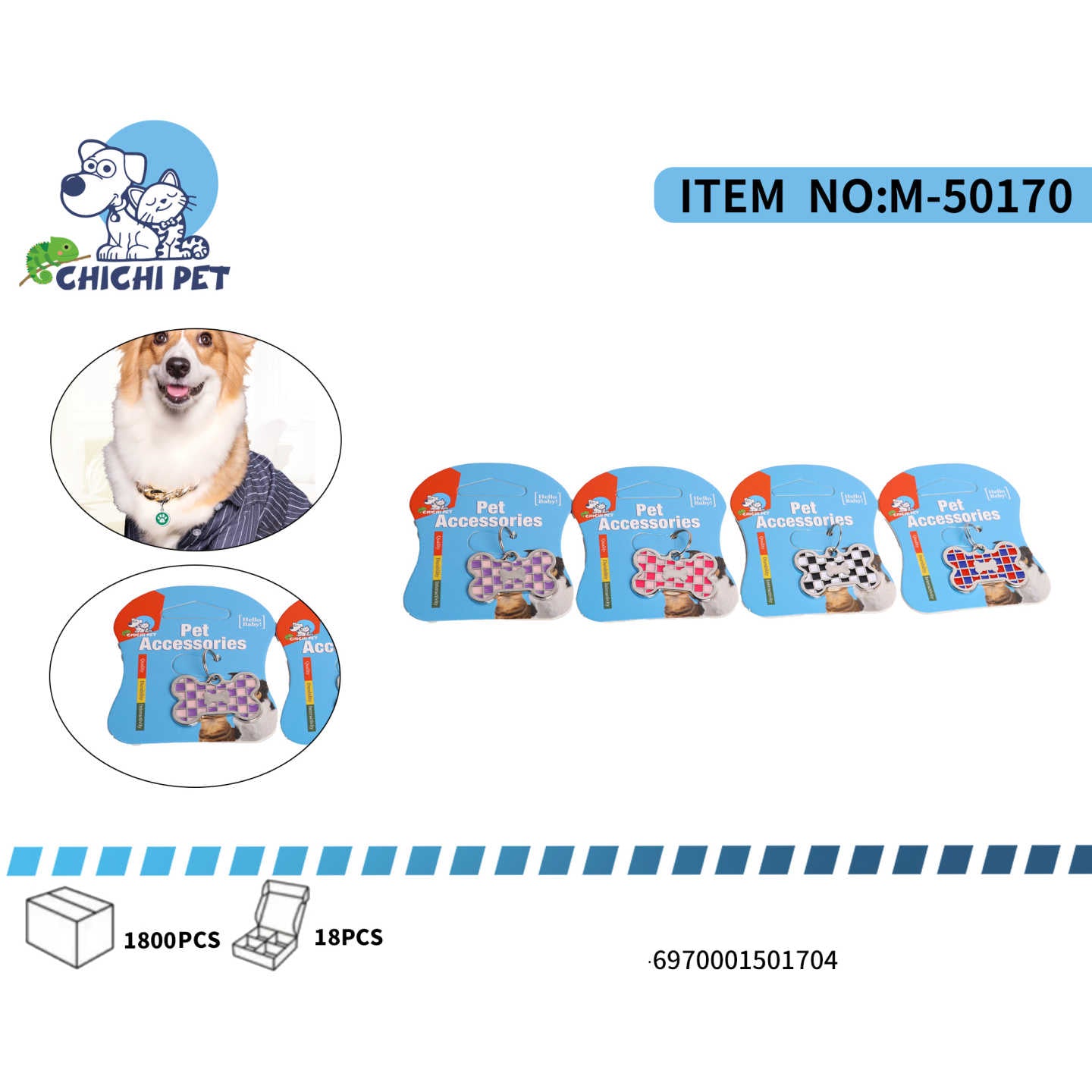 Identifica a tu perro con un toque de estilo y diversion con estas placas de Chichi Pet, con un encantador diseño en forma de hueso adornado con patrones de cuadros. Son el accesorio perfecto para el collar de tu mascota, combinando seguridad y un look original.