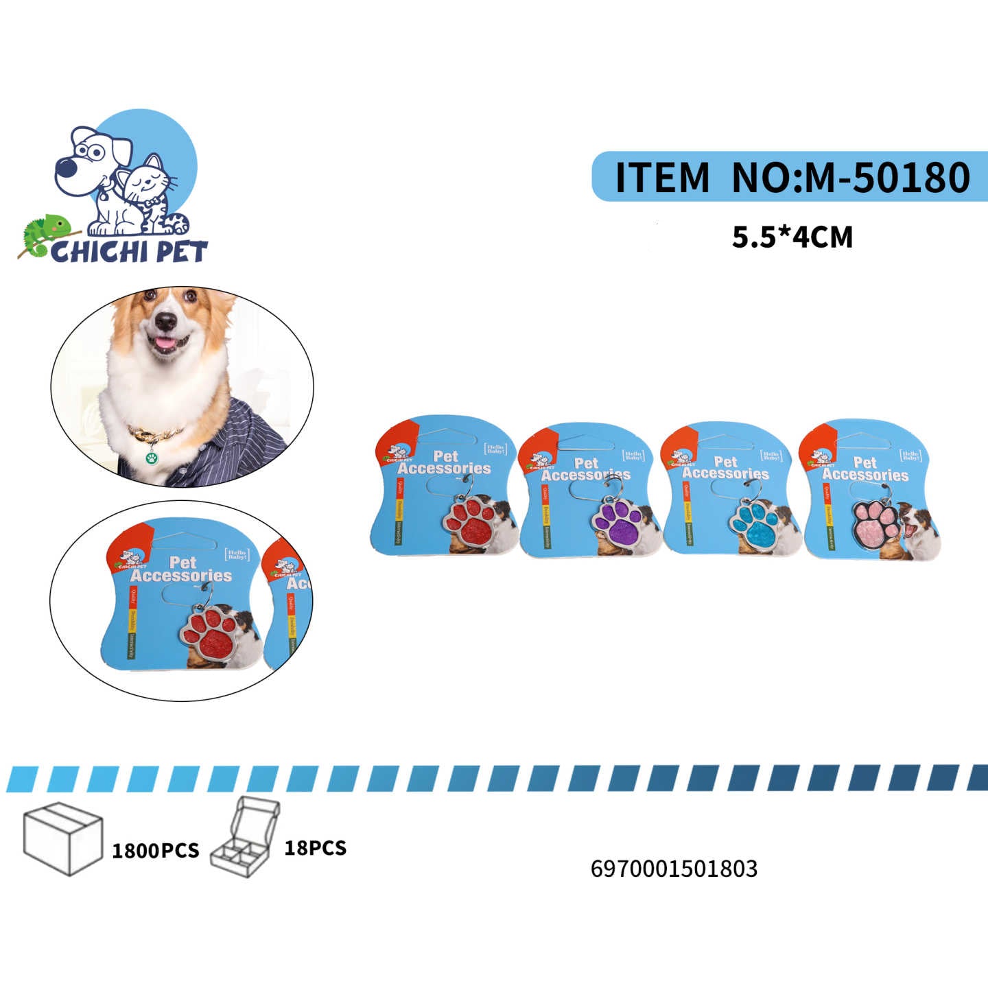 Mantén a tu mascota segura y con estilo con las placas de identificación Chichi Pet M-50180. Estas encantadoras placas, con un diseño de huella pequeña y brillantes, son el accesorio ideal para el collar de tu perro o gato. Perfectas para grabar la información de contacto esencial, facilitan su regreso a casa en caso de que se extravíe.