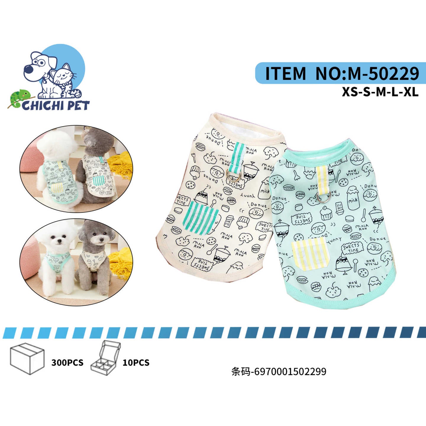 Dale a tu mascota un estilo dulce y encantador con esta playera de Chichi Pet. Presenta un divertido estampado de dulces, donas, café y otros diseños de postres y bebidas que harán que tu perro o gato luzca adorable y a la moda.