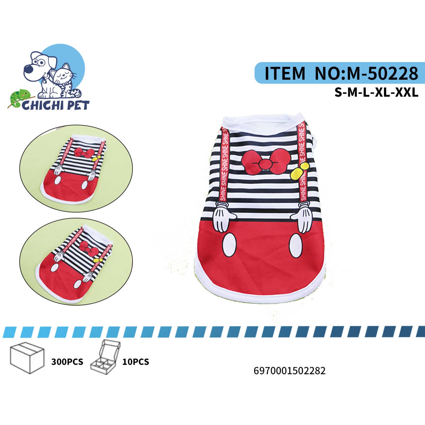 Prepara a tu compañero de cuatro patas para deslumbrar con esta adorable playera estilo Mickey Retro de Chichi Pet. Con un diseño clásico de rayas blancas y negras, y el icónico short rojo con tirantes y moño, esta prenda es perfecta para paseos, fiestas temáticas o simplemente para que tu mascota luzca a la moda.