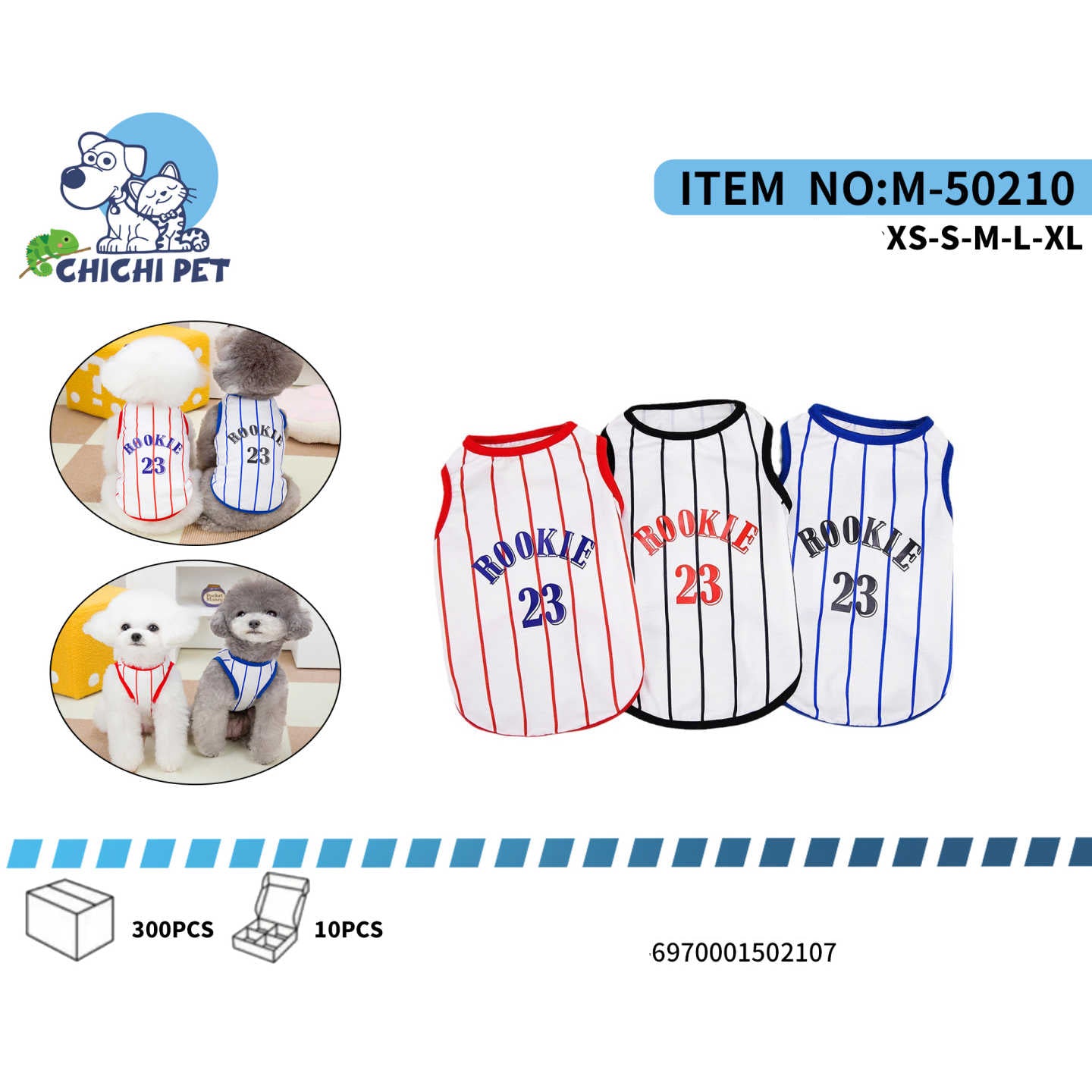 Viste a tu perro con un estilo deportivo y divertido con la playera tipo jersey de baloncesto Chichi Pet M-50210. Con un diseño rayado y el estampado "ROOKIE 23", esta camiseta es perfecta para que tu compañero canino luzca como un verdadero atleta.